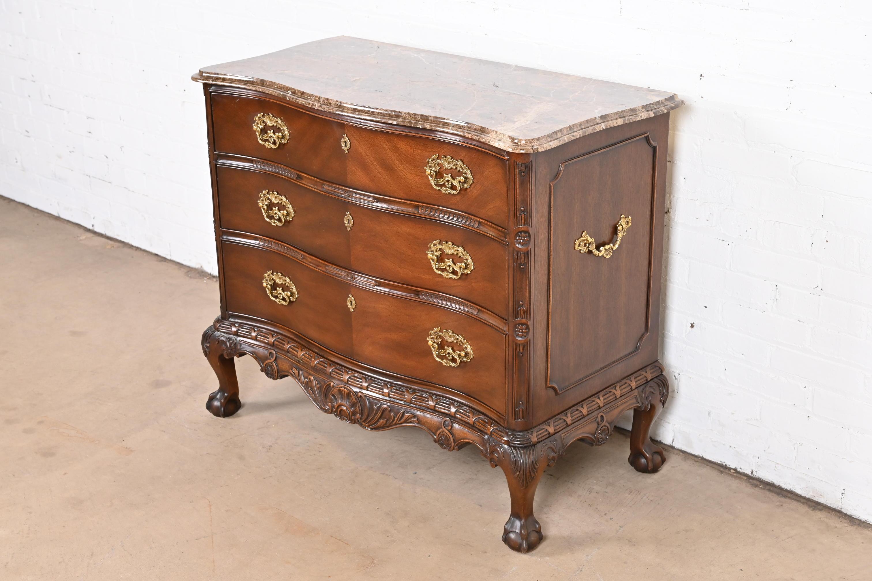 Brass Henredon Chippendale Carved Mahogany Marble Top Serpentine Chest of Drawers For Sale