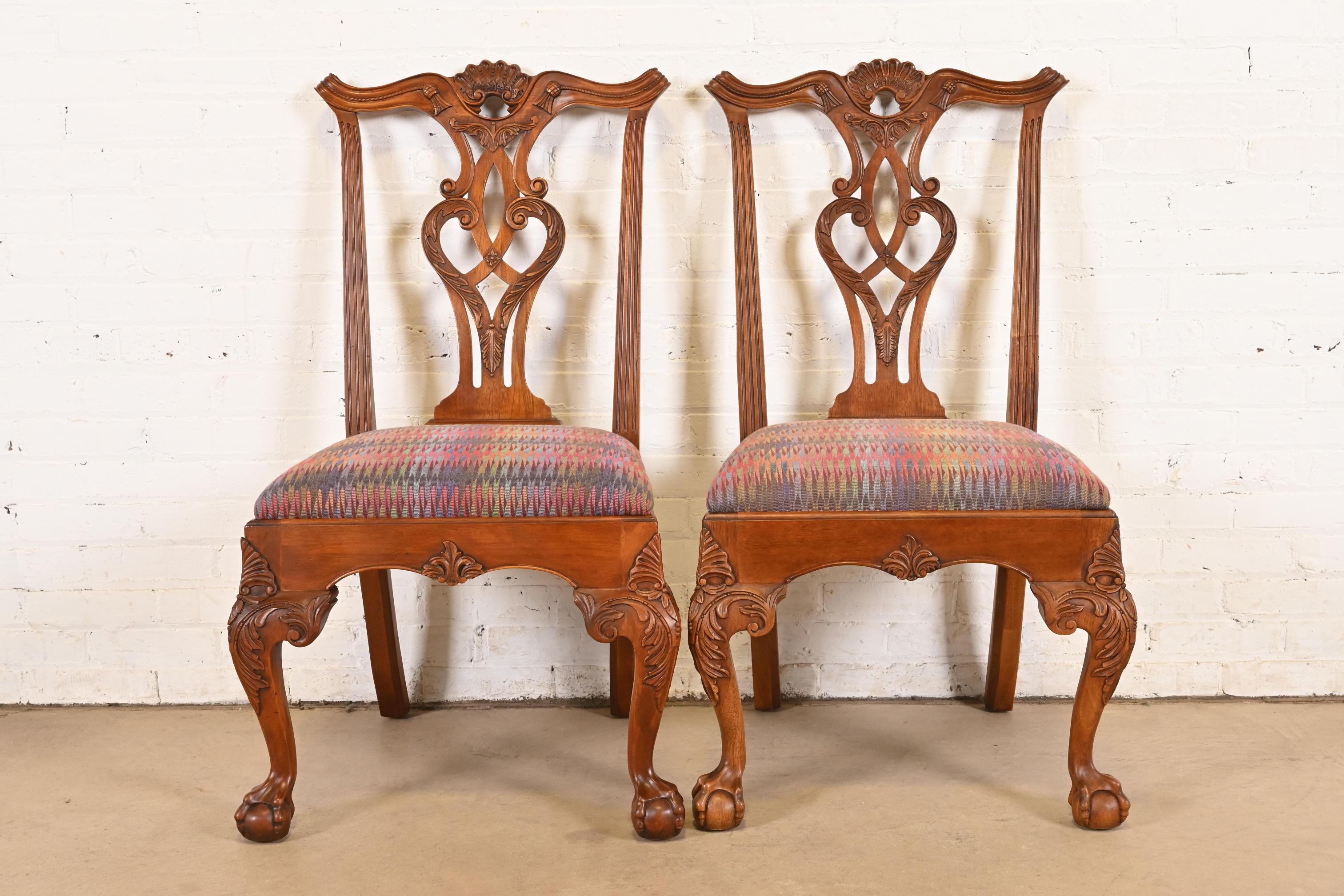Indonesian Henredon Chippendale Carved Mahogany Side Chairs or Dining Chairs, Pair For Sale