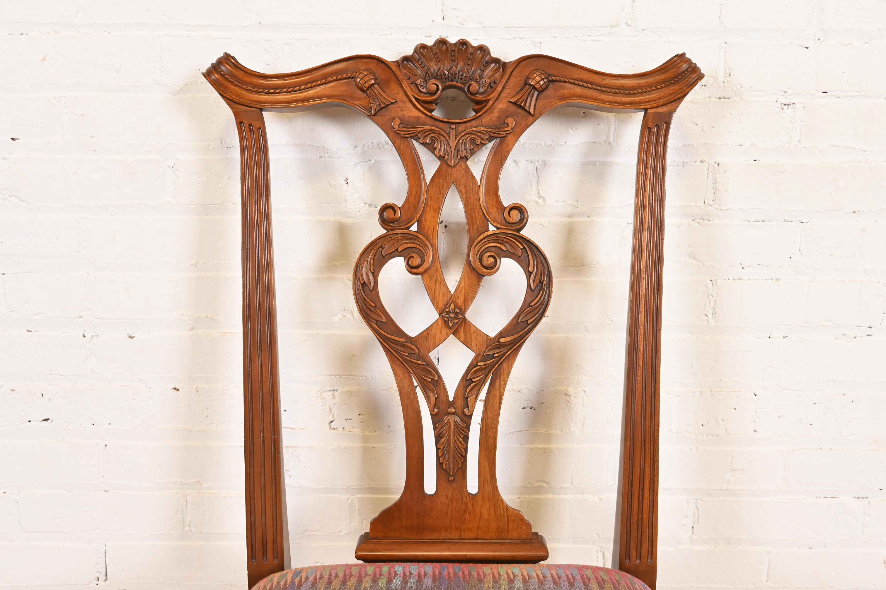 Upholstery Henredon Chippendale Carved Mahogany Side Chairs or Dining Chairs, Pair For Sale