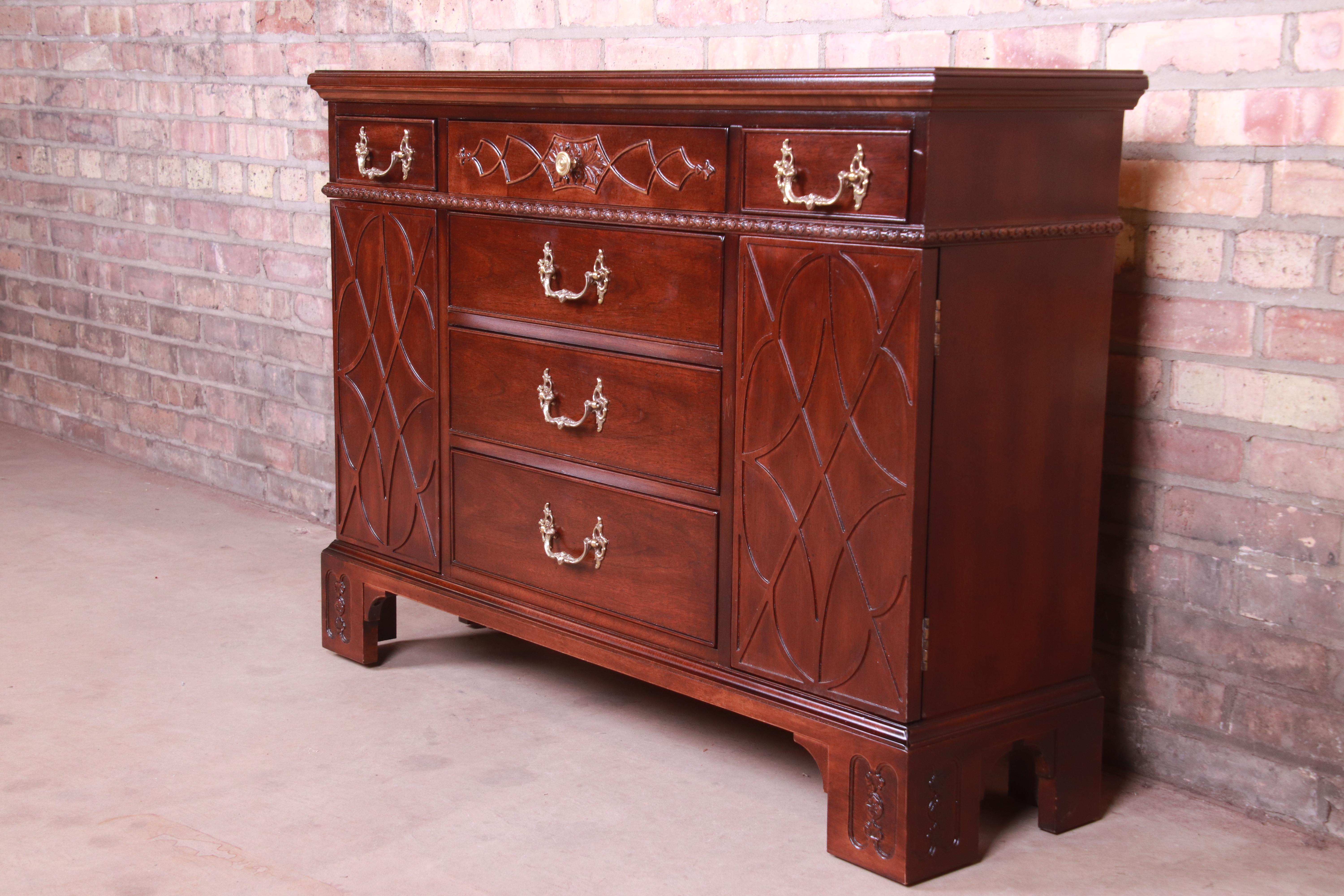 American Henredon Chippendale Carved Mahogany Sideboard or Bar Cabinet, Newly Refinished