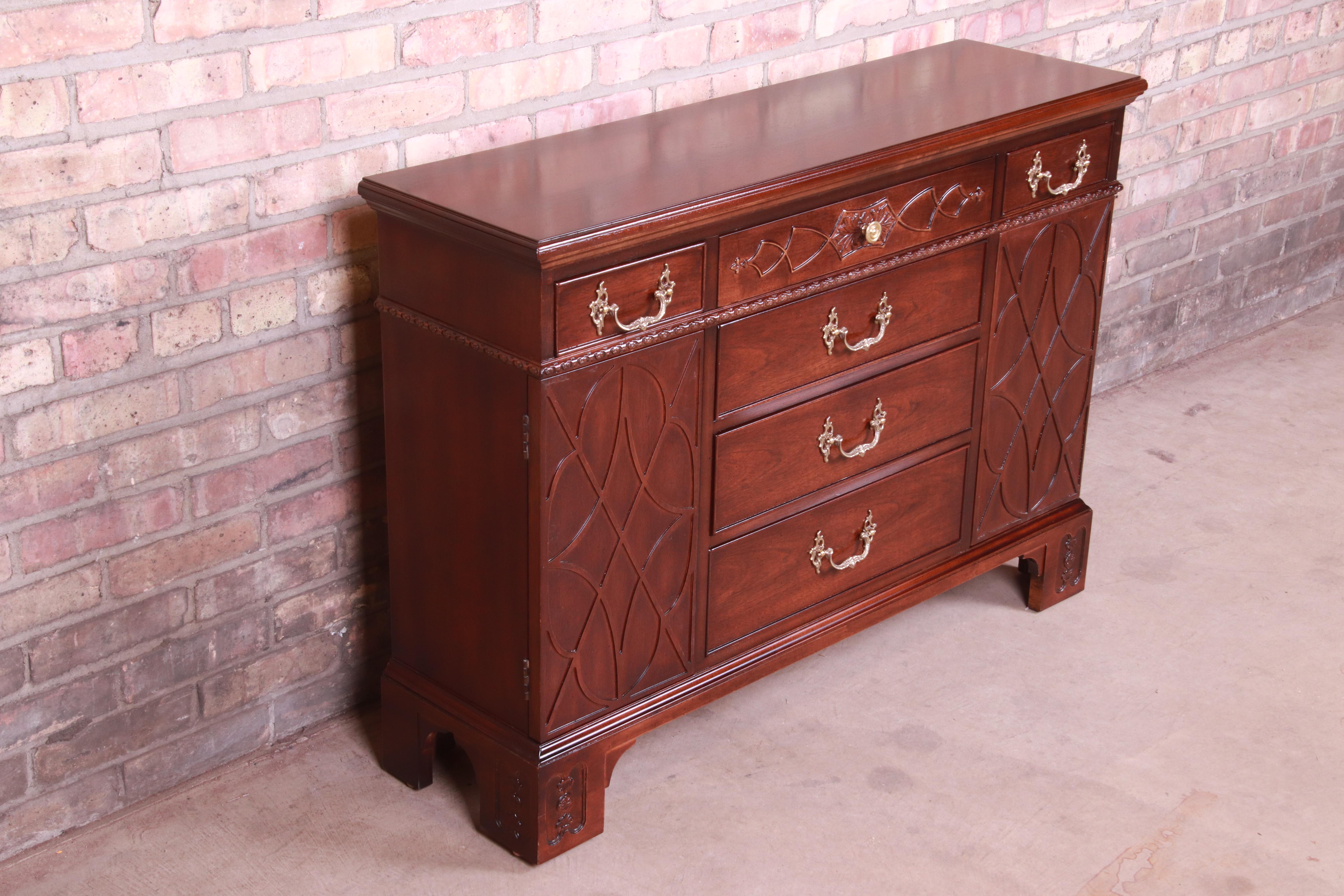 20th Century Henredon Chippendale Carved Mahogany Sideboard or Bar Cabinet, Newly Refinished