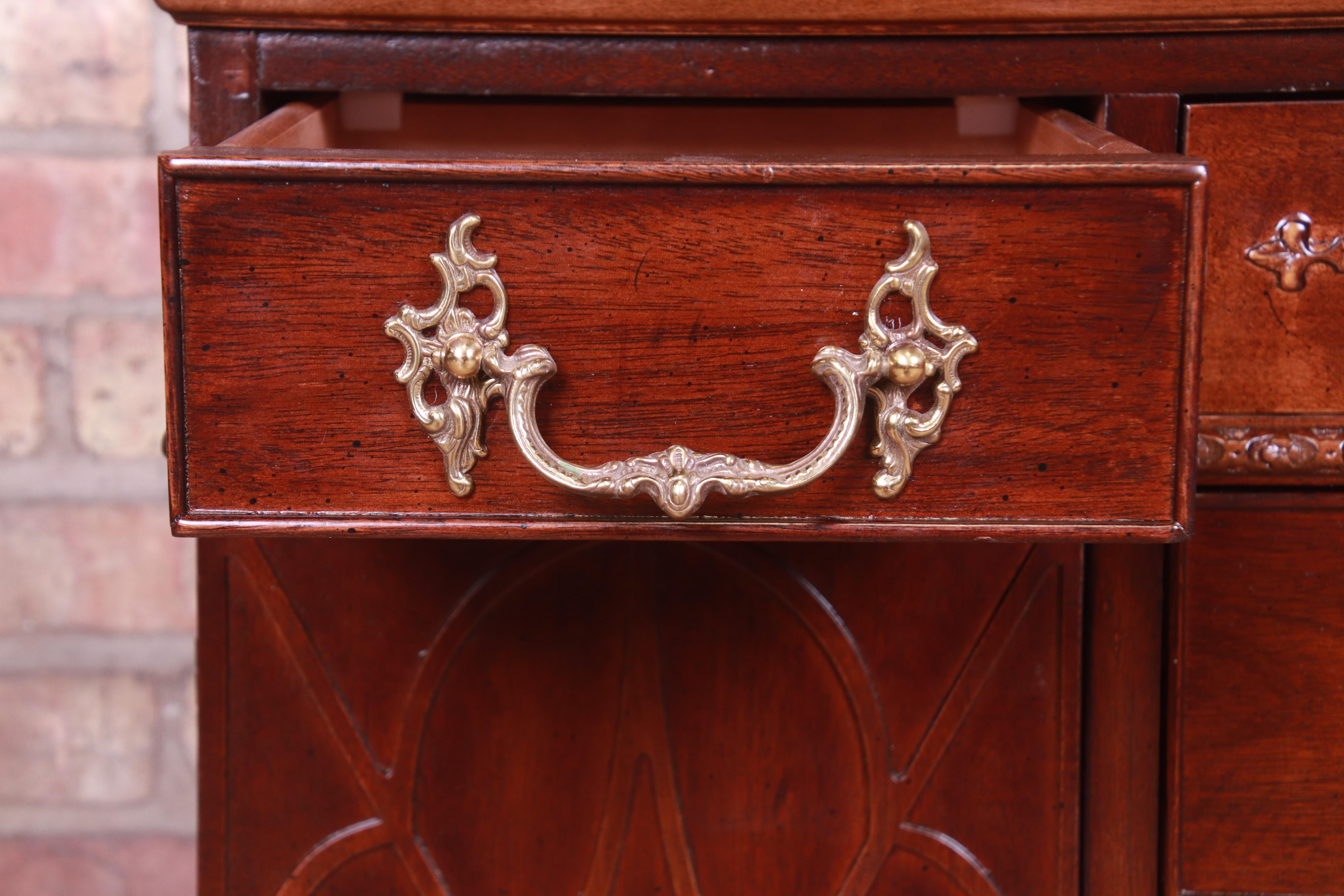 Brass Henredon Chippendale Carved Mahogany Sideboard or Bar Cabinet, Newly Refinished