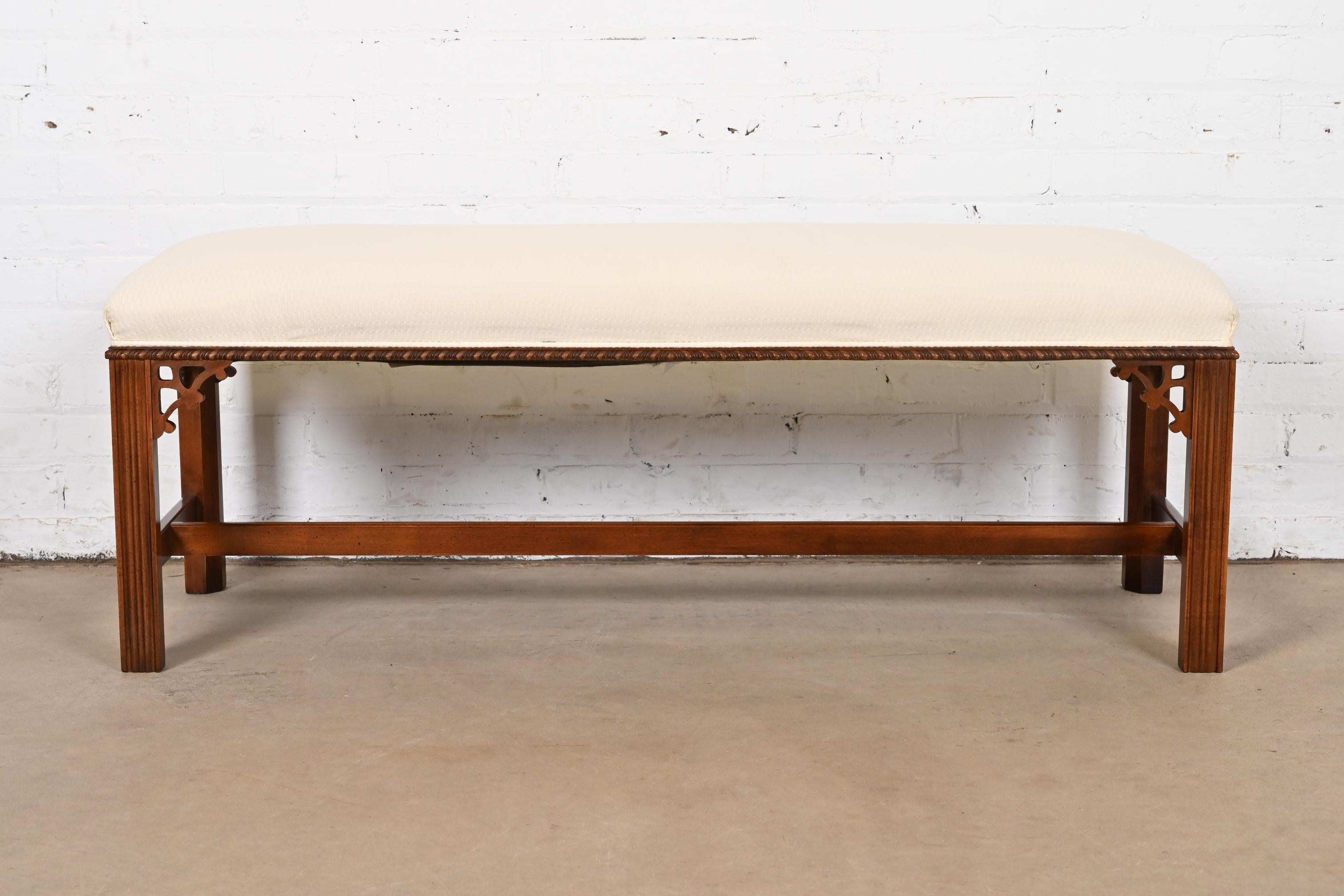 American Henredon Chippendale Carved Mahogany Upholstered Bench