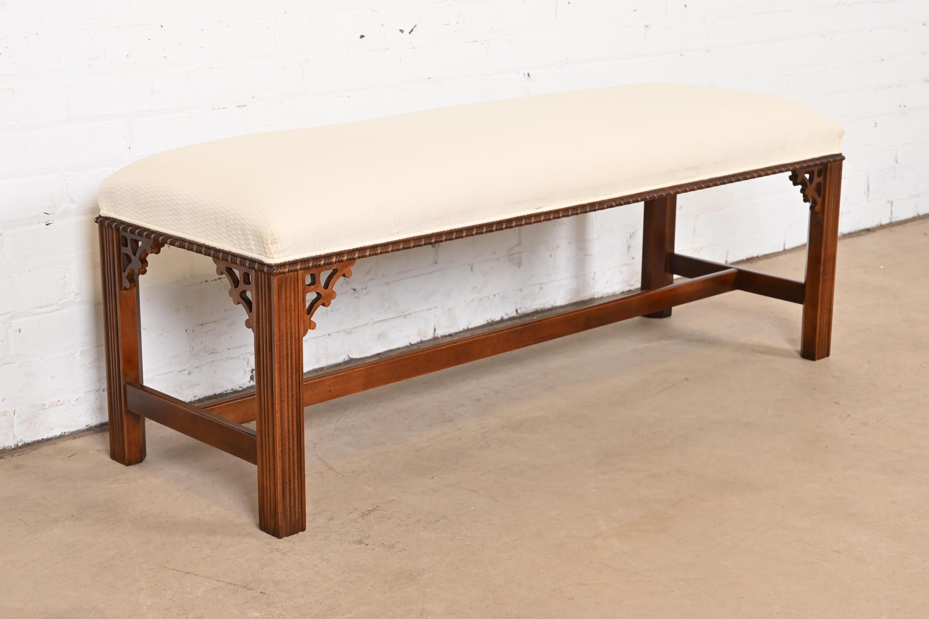 Henredon Chippendale Carved Mahogany Upholstered Bench 1