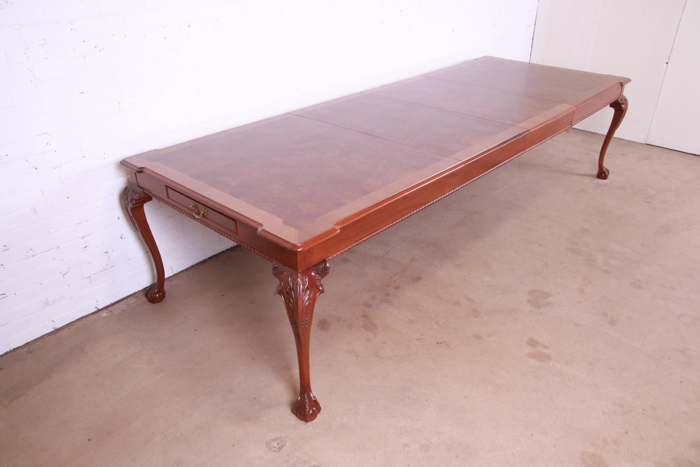 Henredon Chippendale Mahogany and Burl Wood Extension Dining Table, Refinished For Sale 7
