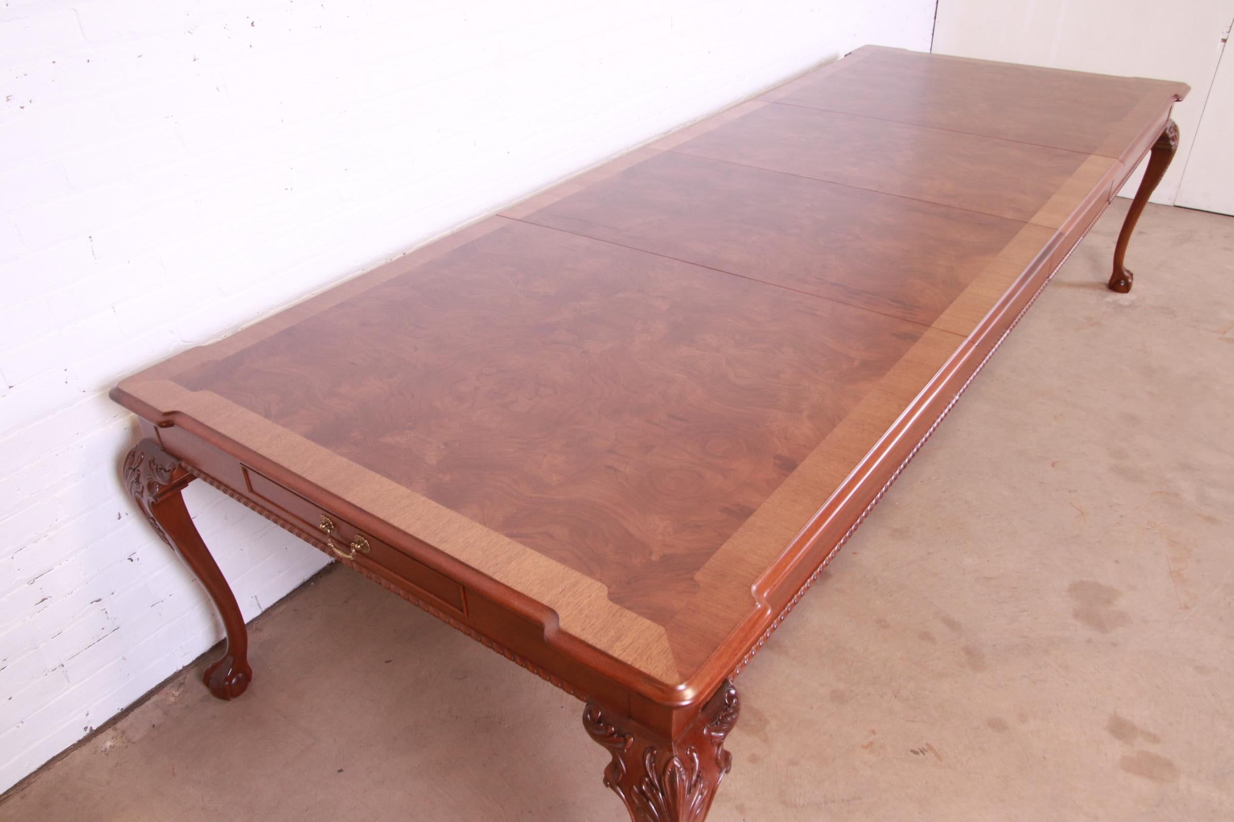 Henredon Chippendale Mahogany and Burl Wood Extension Dining Table, Refinished For Sale 8
