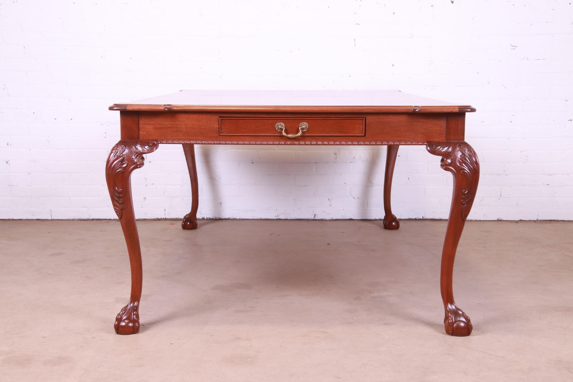 Henredon Chippendale Mahogany and Burl Wood Extension Dining Table, Refinished For Sale 9