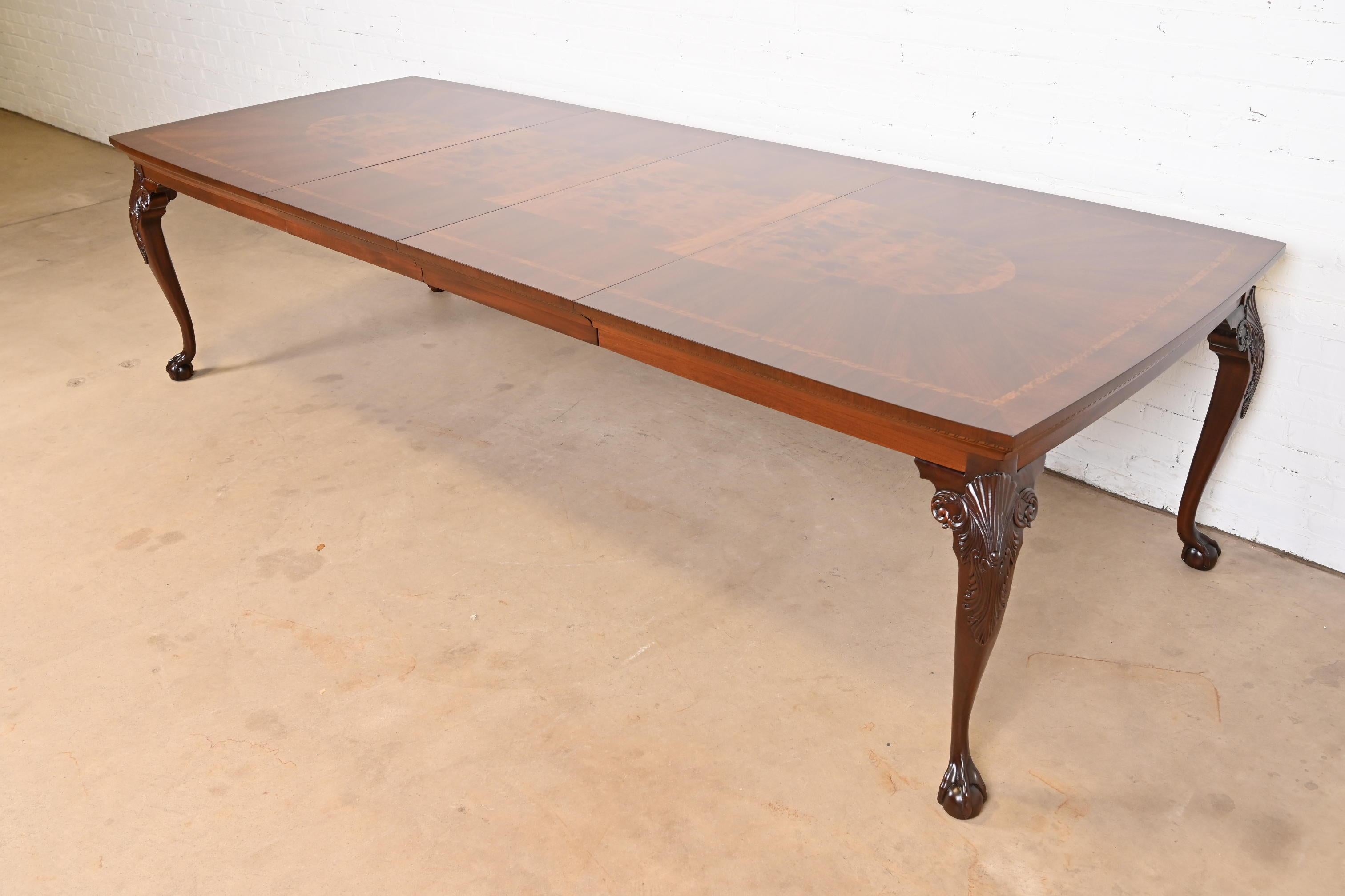 Carved Henredon Chippendale Mahogany and Inlaid Burl Wood Extension Dining Table