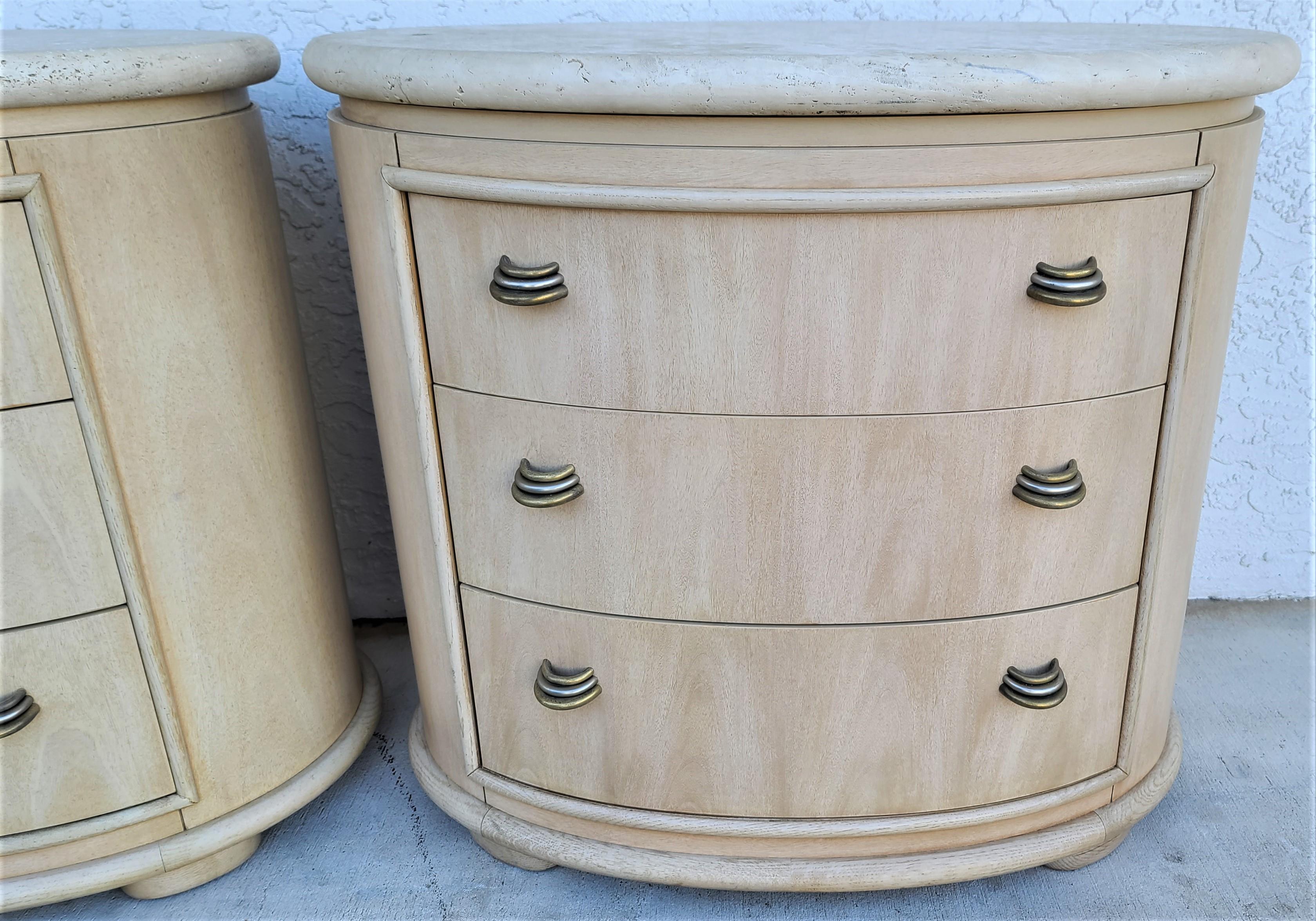Offering one of our recent Palm Beach estate fine furniture acquisitions of a
pair of Henredon contemporary pickled wood king size stone top nightstands tables

Approximate Measurements in Inches
31