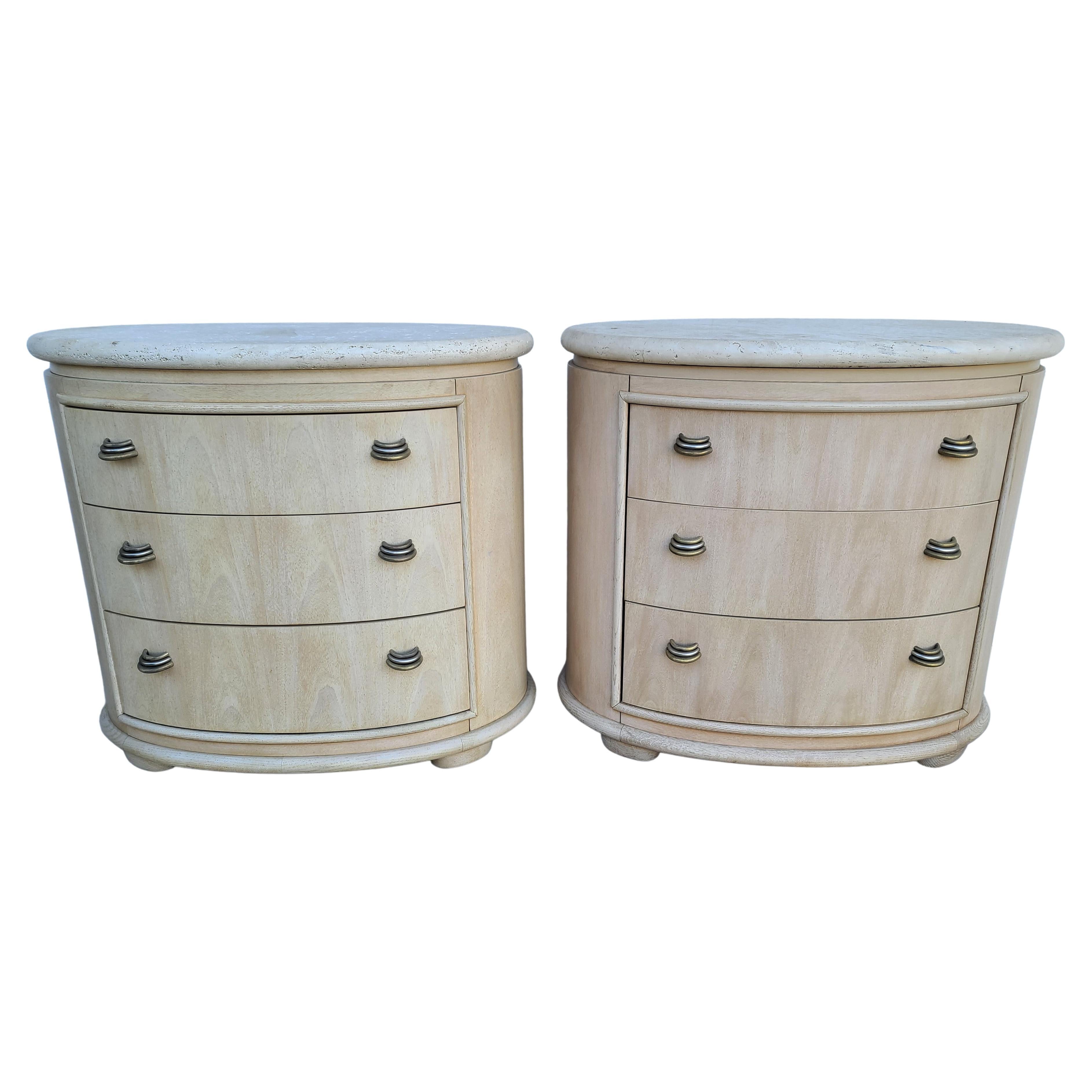 Henredon Contemporary Pickled Wood King Stone Top Nightstands Tables, a Pair