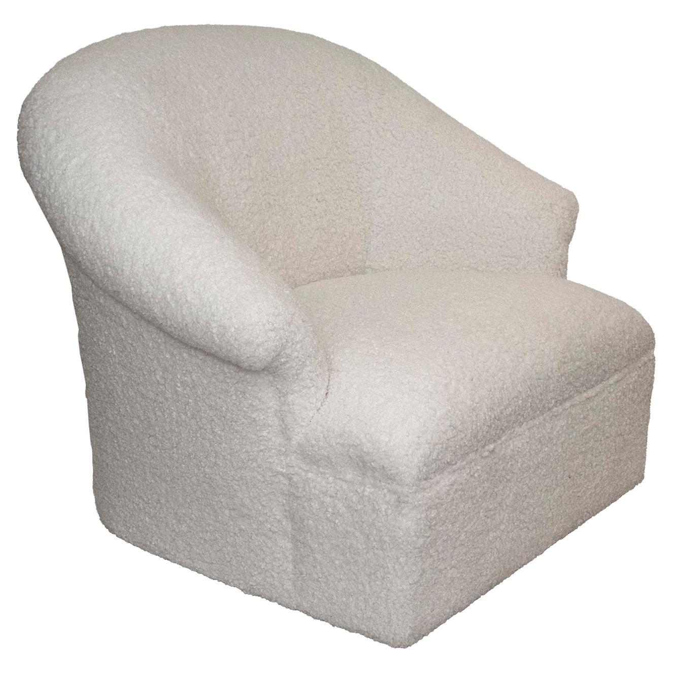Henredon Curved Swivel Club Chair in White Faux Shearling