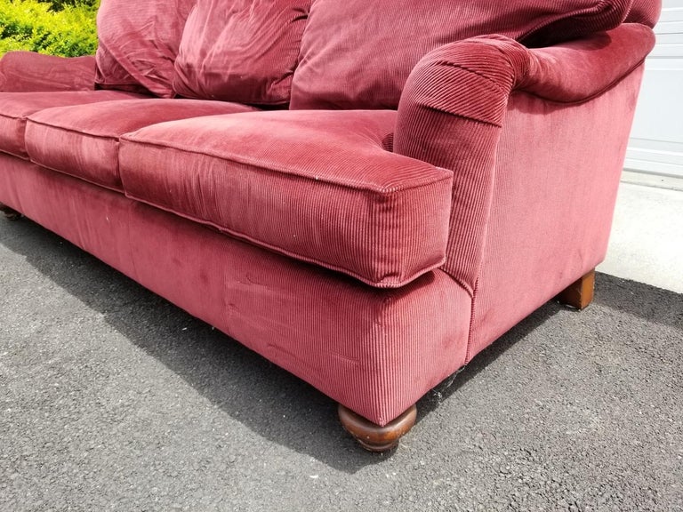 Henredon Custom Red Corduroy ThreeSeat DownFilled Sofa, Cranberry