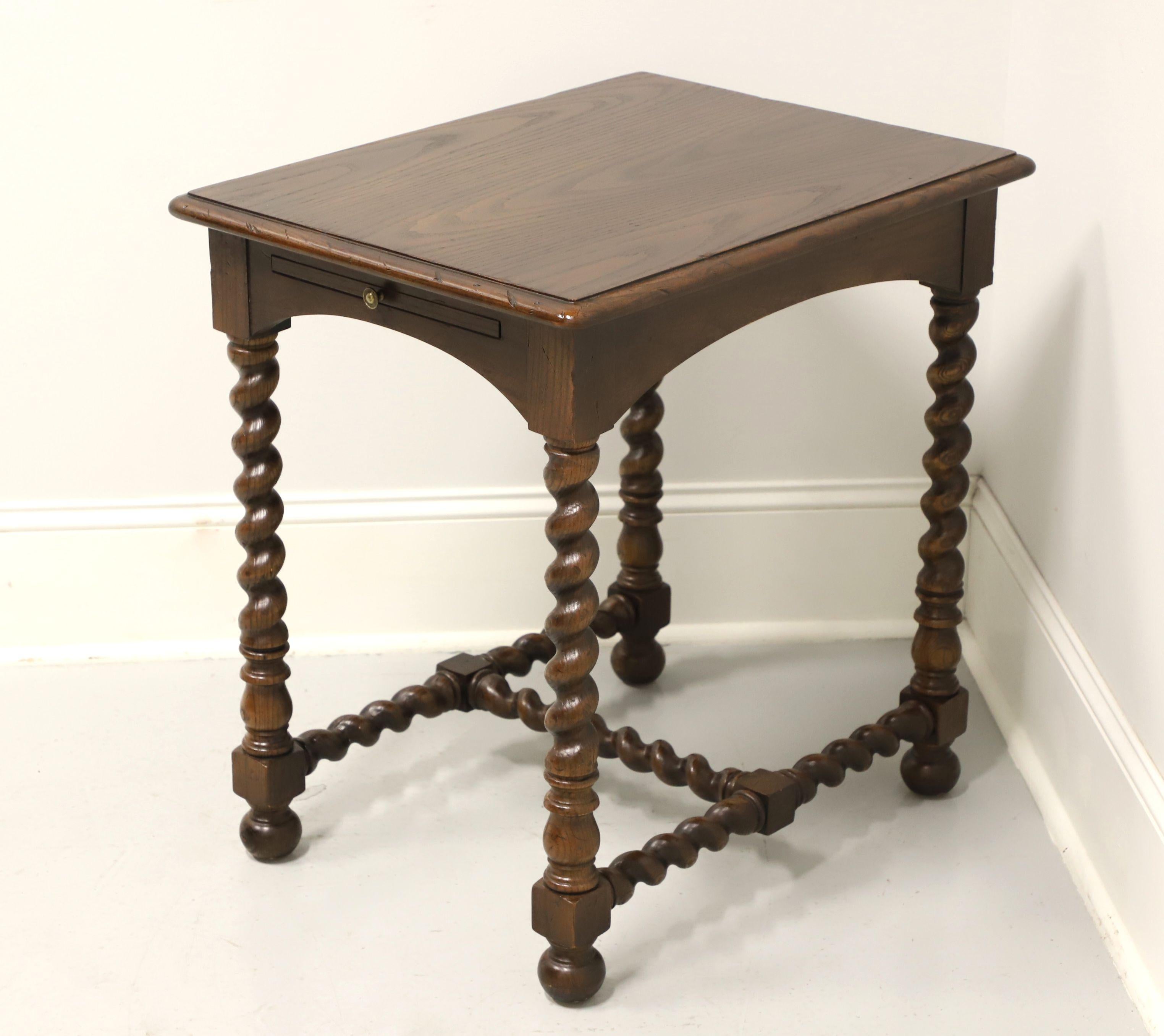 French Provincial HENREDON Dark Oak French Country Side Table with Barley Twist Legs & Stretcher