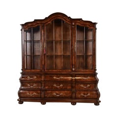Henredon Dutch Louis XV Oak and Burl Wood Lighted Bookcase Cabinet, Circa 1960s