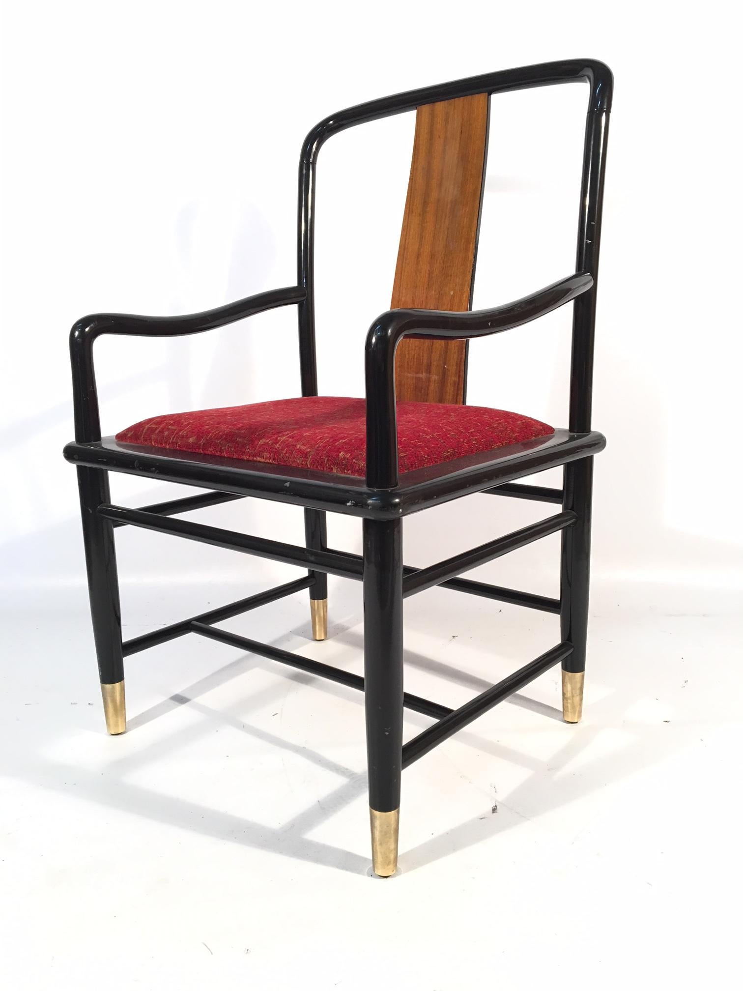 Set of six Henredon Elan dining chairs feature black lacquered frames, brass feet, and koa wood back splats. Very good vintage condition with only very minor signs of age appropriate wear.
Measures: Side chairs measure 20.5