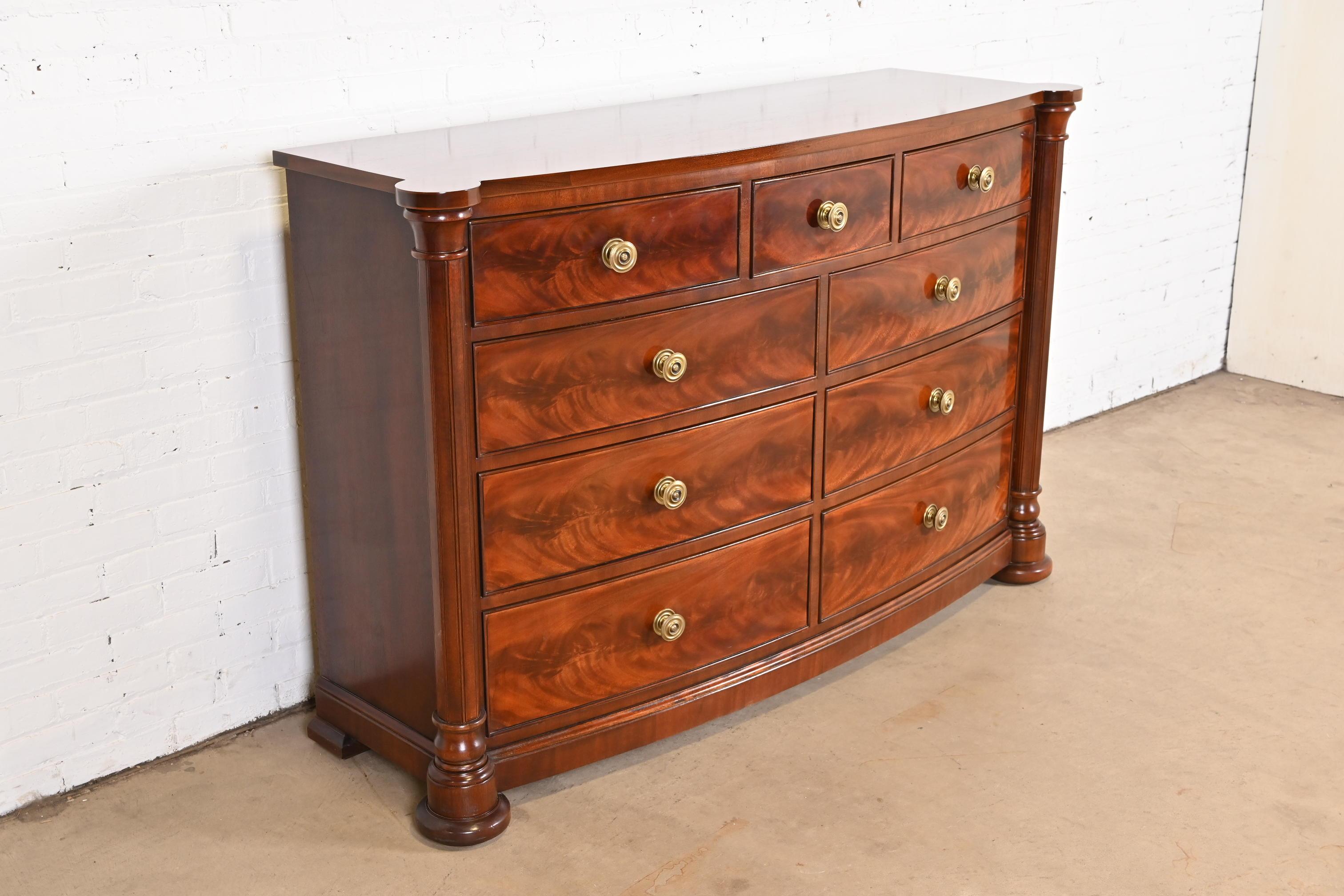 Brass Henredon Empire Flame Mahogany Bow Front Chest of Drawers