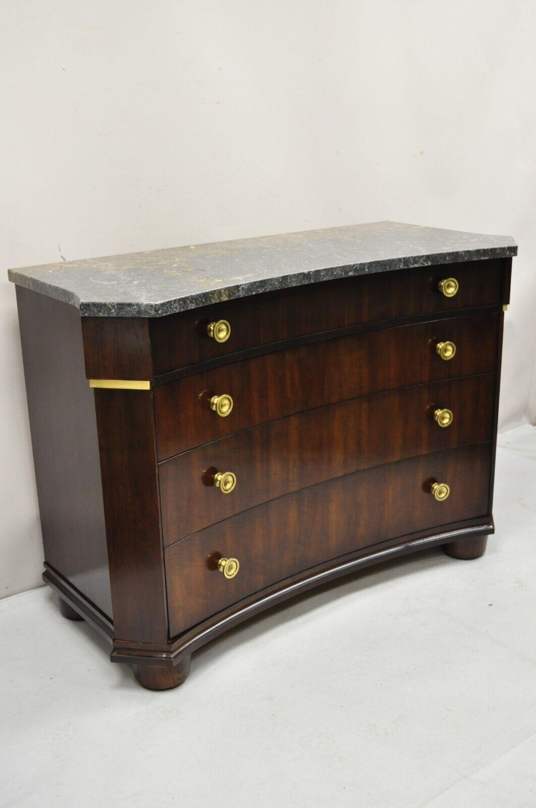 Henredon Empire Neoclassical Marble Top Mahogany 4 Drawer Dresser Chest Commode.  Item features 4 drawers, solid brass hardware, beautiful woodgrain, serpentine marble top, original label, quality American craftsmanship. Circa Late 20th - 21st