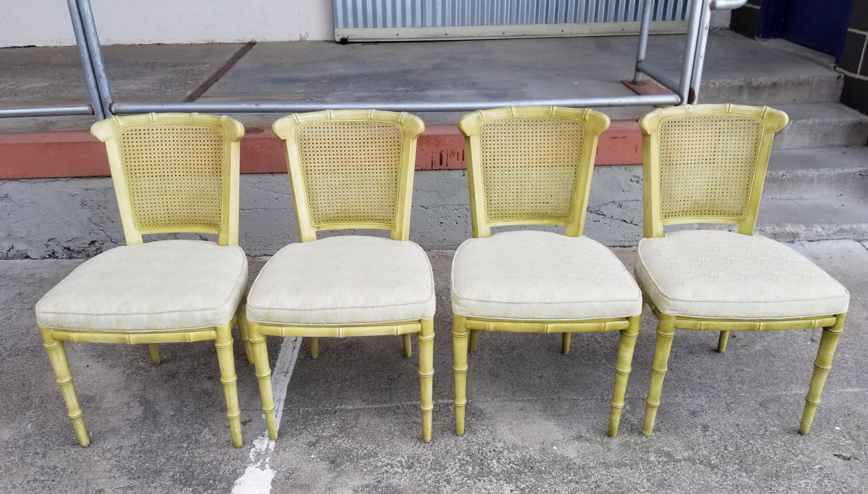 Fine quality Heneron faux bamboo dining chairs. Set consists of 4 side and 2 armchairs. Cane back with upholstered seats. Original celadon painted finish. Structurally very solid chairs, cane in excellent original condition. New upholstery