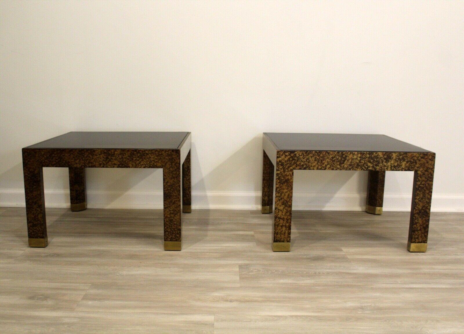 Faux Bois Henredon Faux Tortoise Shell Smoked Glass Pair of End Tables with Brass Feet