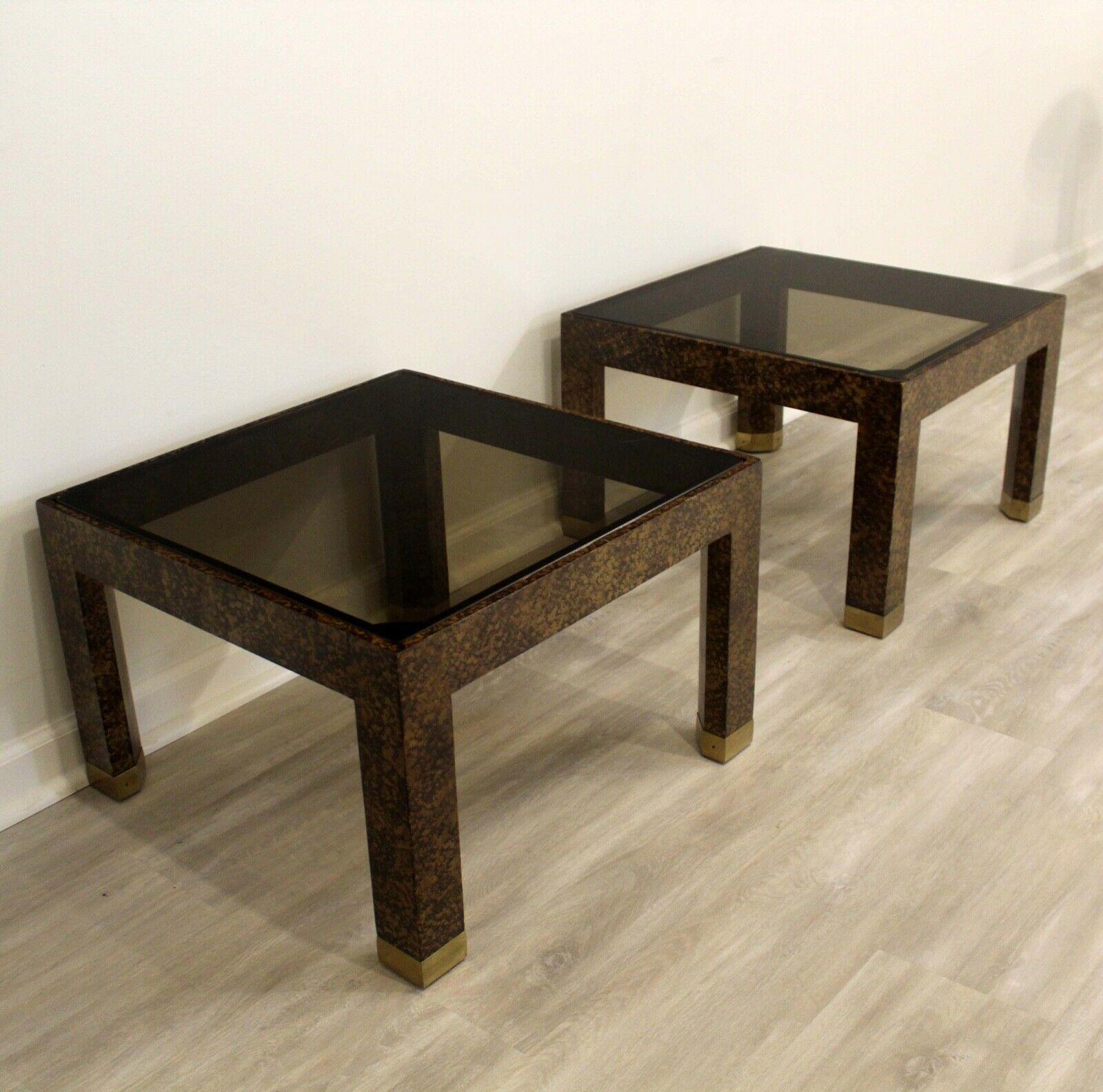 Henredon Faux Tortoise Shell Smoked Glass Pair of End Tables with Brass Feet In Good Condition In Keego Harbor, MI