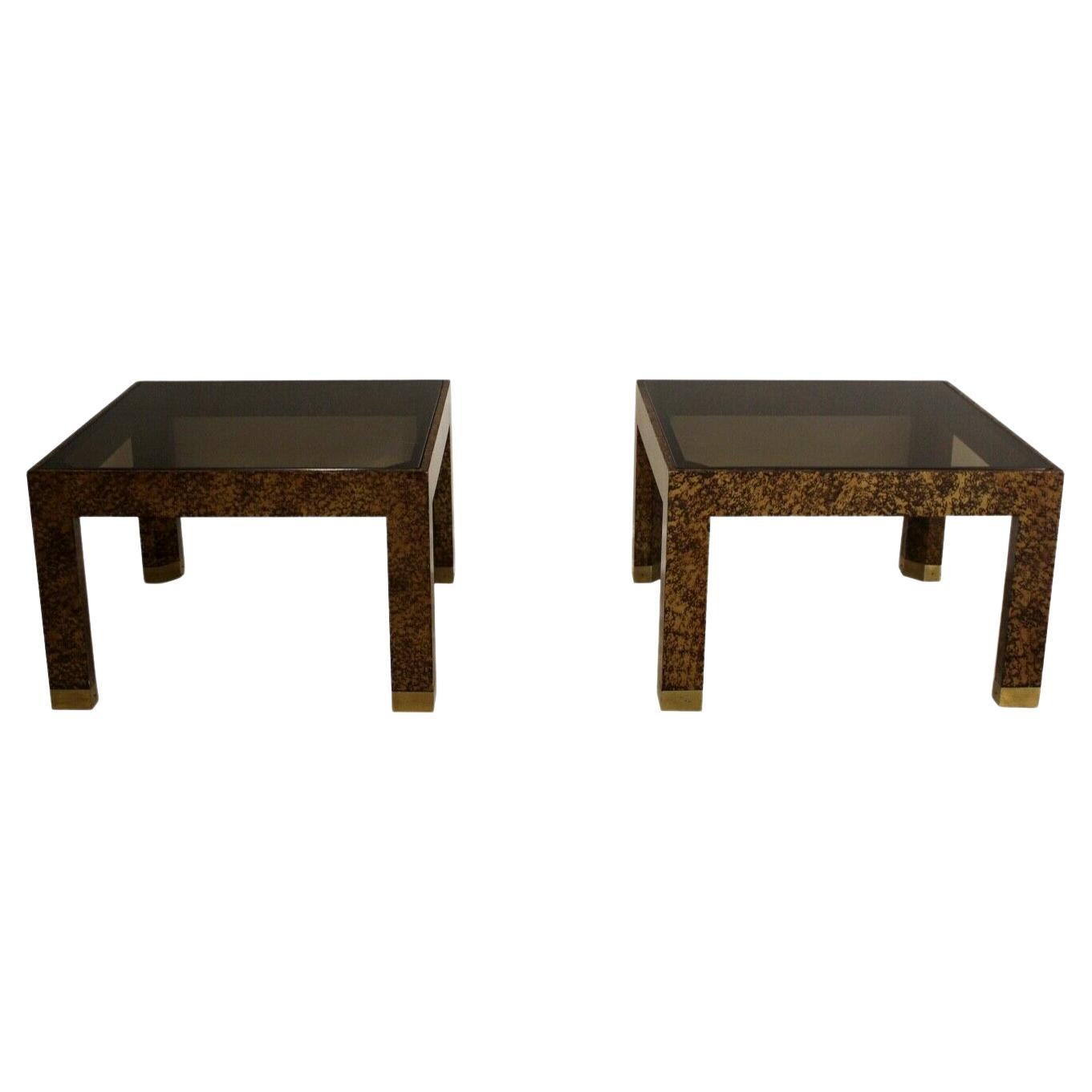 Henredon Faux Tortoise Shell Smoked Glass Pair of End Tables with Brass Feet