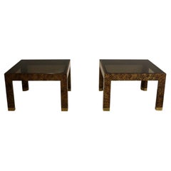 Vintage Henredon Faux Tortoise Shell Smoked Glass Pair of End Tables with Brass Feet