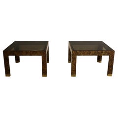 Henredon Faux Tortoise Shell Smoked Glass Pair of End Tables with Brass Feet