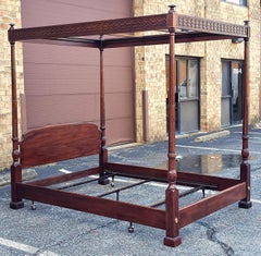Henredon Federal Carved Mahogany Four-Poster Queen Size Fretworked Canopy Bed
