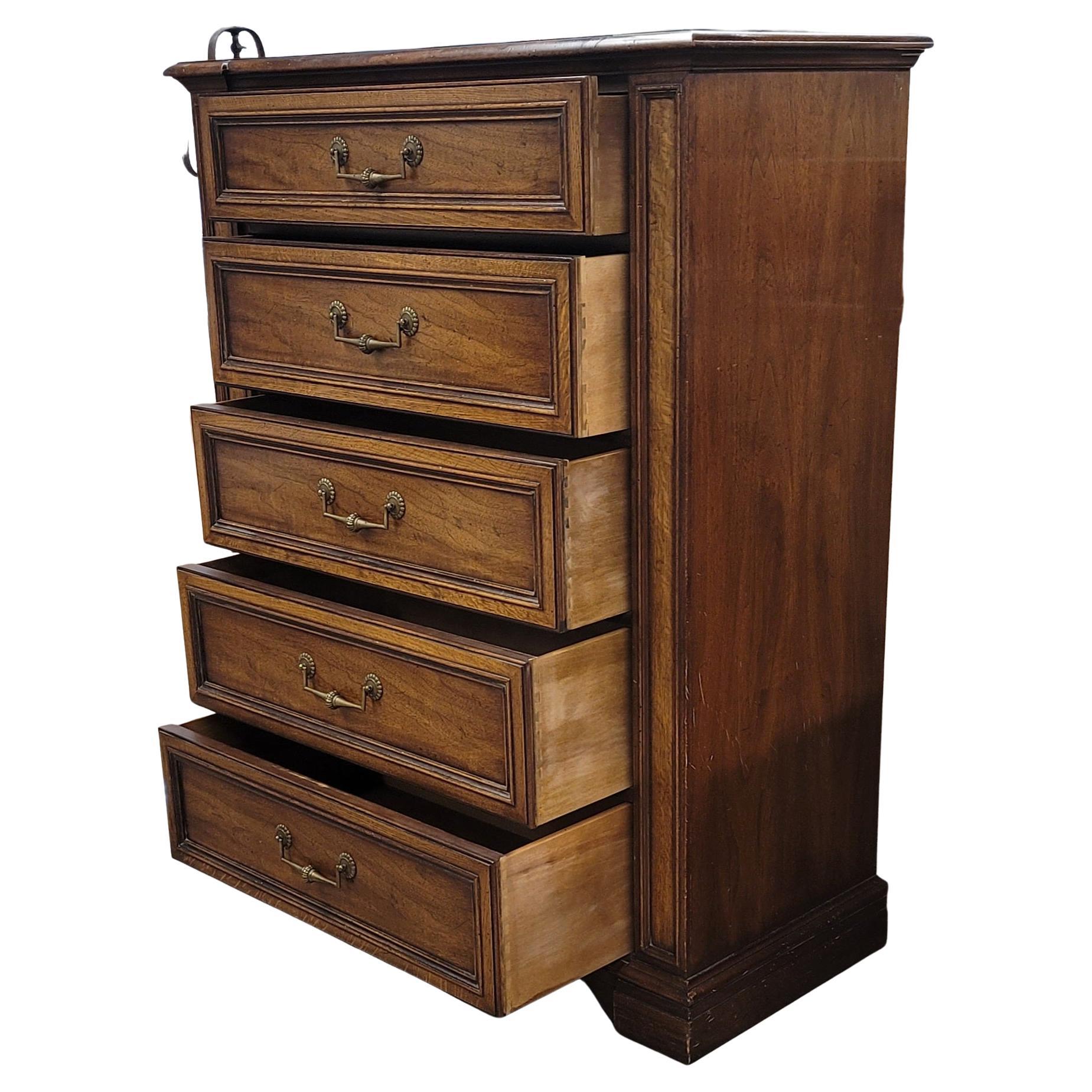 Brass Henredon Fine Furniture 5 Drawers Walnut and Mission Oak Chest of Drawers For Sale