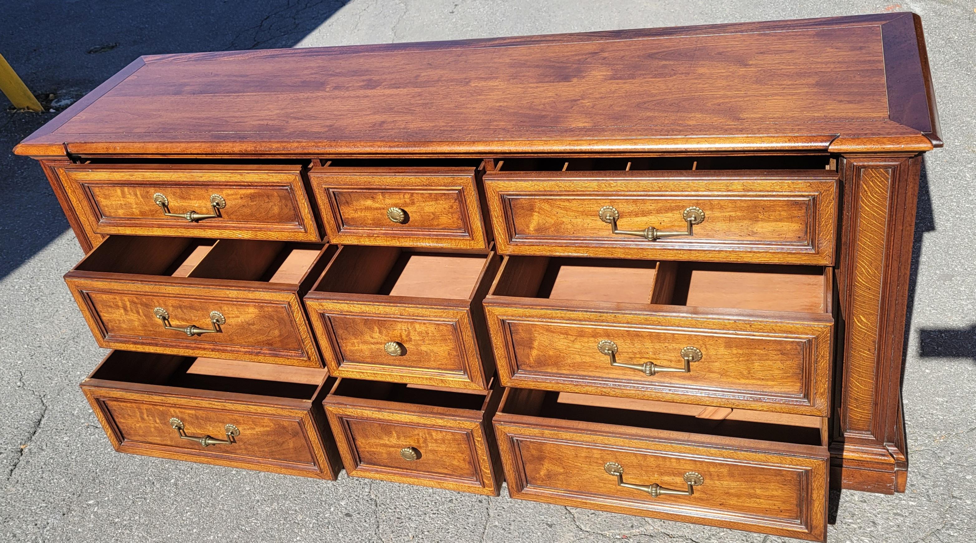 Henredon Fine Furniture Walnut and Mission Oak 9-Drawer Rolling Triple Dresser In Good Condition For Sale In Germantown, MD