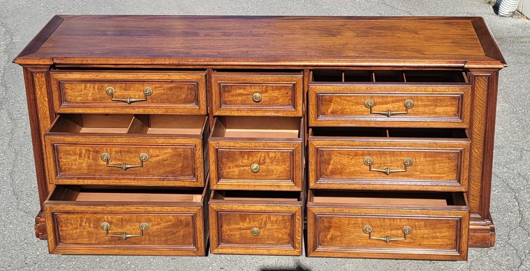 20th Century Henredon Fine Furniture Walnut and Mission Oak 9-Drawer Rolling Triple Dresser For Sale