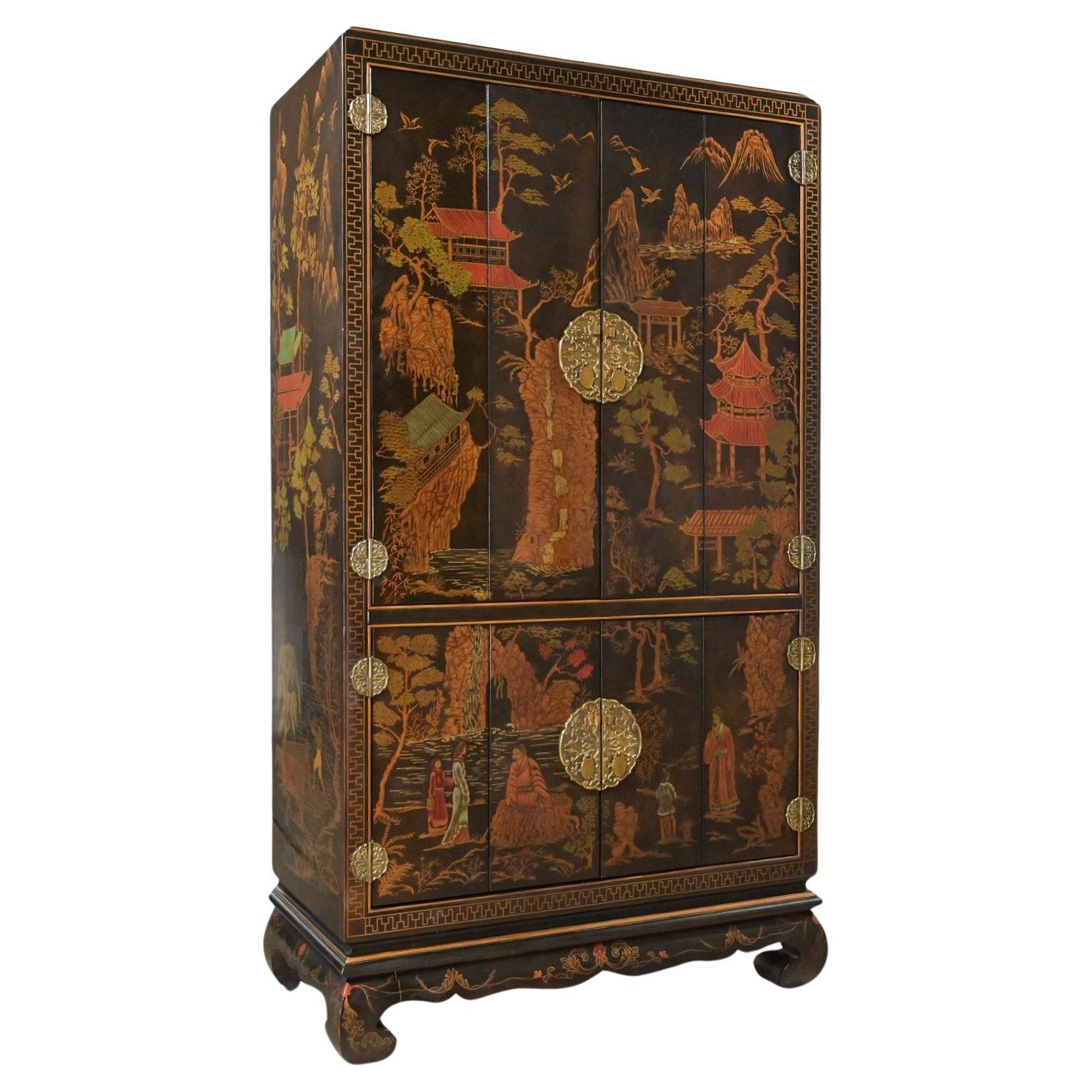 Henredon Folio 10 Chinoiserie Entertainment Storage Armoire Painted Scenic Desig For Sale