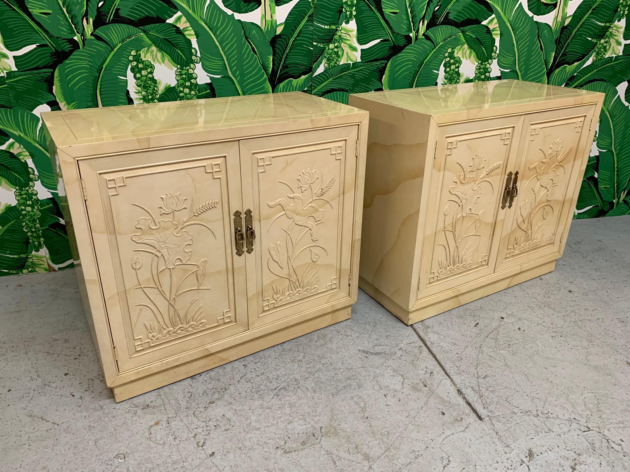 Pair of chinoiserie style cabinets by Henredon from the Folio 16 collection. Can be used as bunching chests or separately. Top drawer has Henredon felt flatware organizer still in original plastic. Good condition with imperfections consistent with