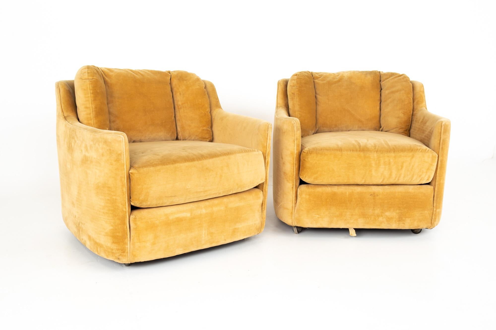 Henredon Folio 500 midcentury barrel lounge chairs - pair.
Each chair measures: 30.5 wide x 34.5 deep x 28 high, with a seat height of 17 inches

Each piece of furniture is available in what we call restored vintage condition. Upon purchase it is