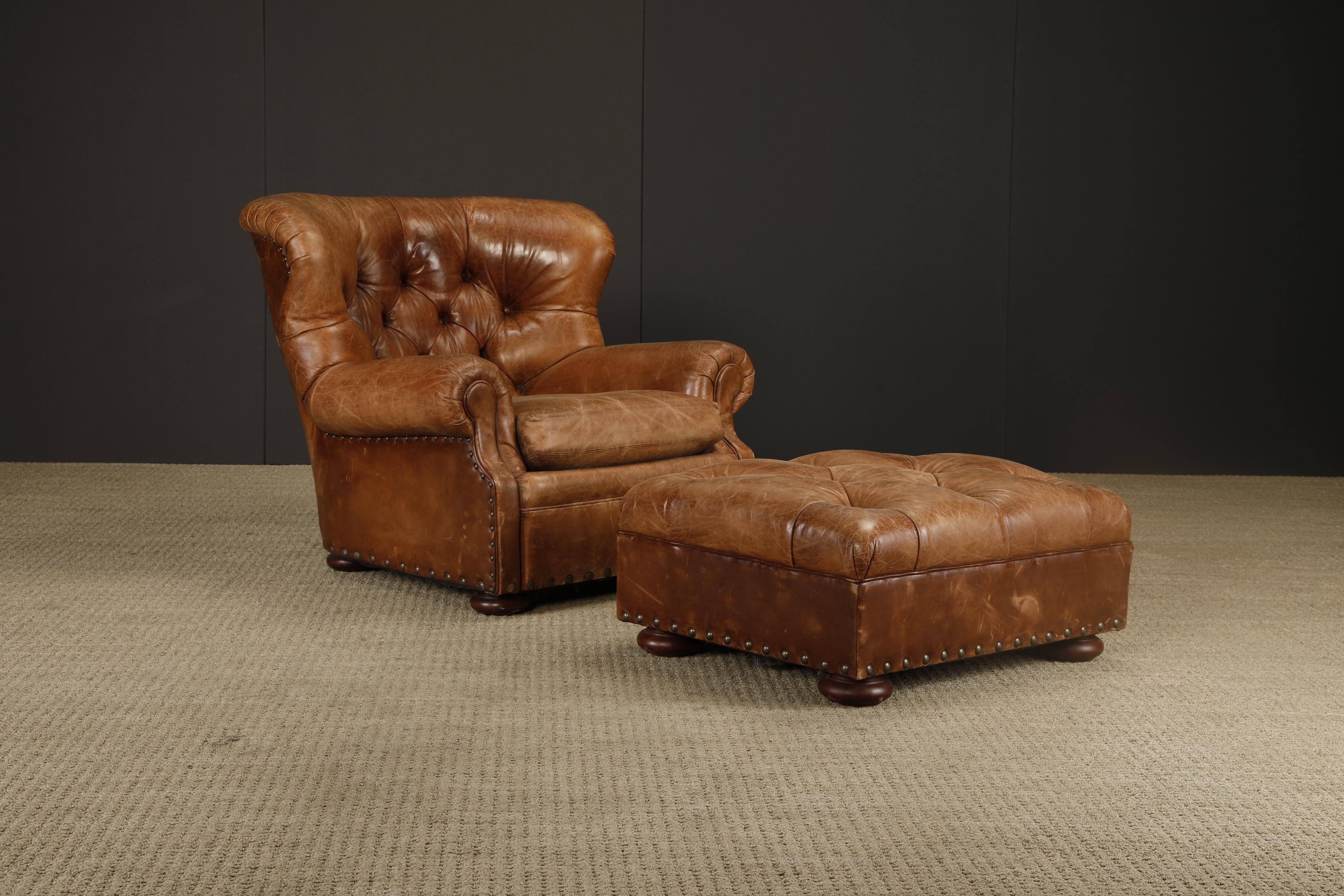 Moderne Henredon for Ralph Lauren Leather Wingback Writer's Club Chair & Ottoman, signé en vente