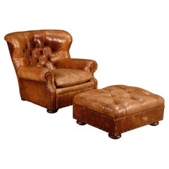 Henredon for Ralph Lauren Leather Wingback Writer's Club Chair & Ottoman, signé