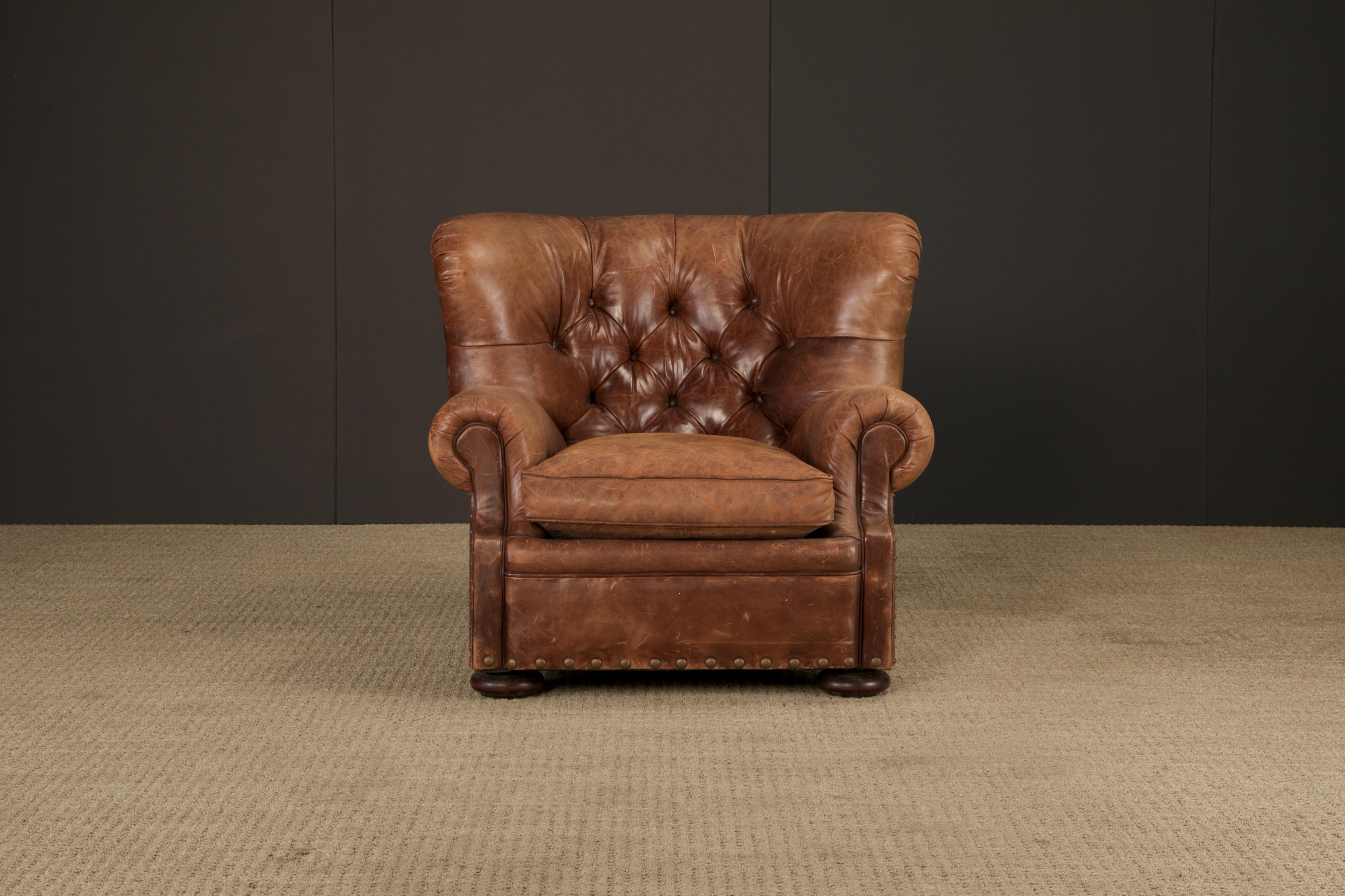 This gorgeous 'Writers' wingback club chair by Henredon for Ralph Lauren has such incredible leather, very thick and quality natural hides were used in it's making. The original Writer's Chairs retailed by Ralph Lauren have been produced by Henredon
