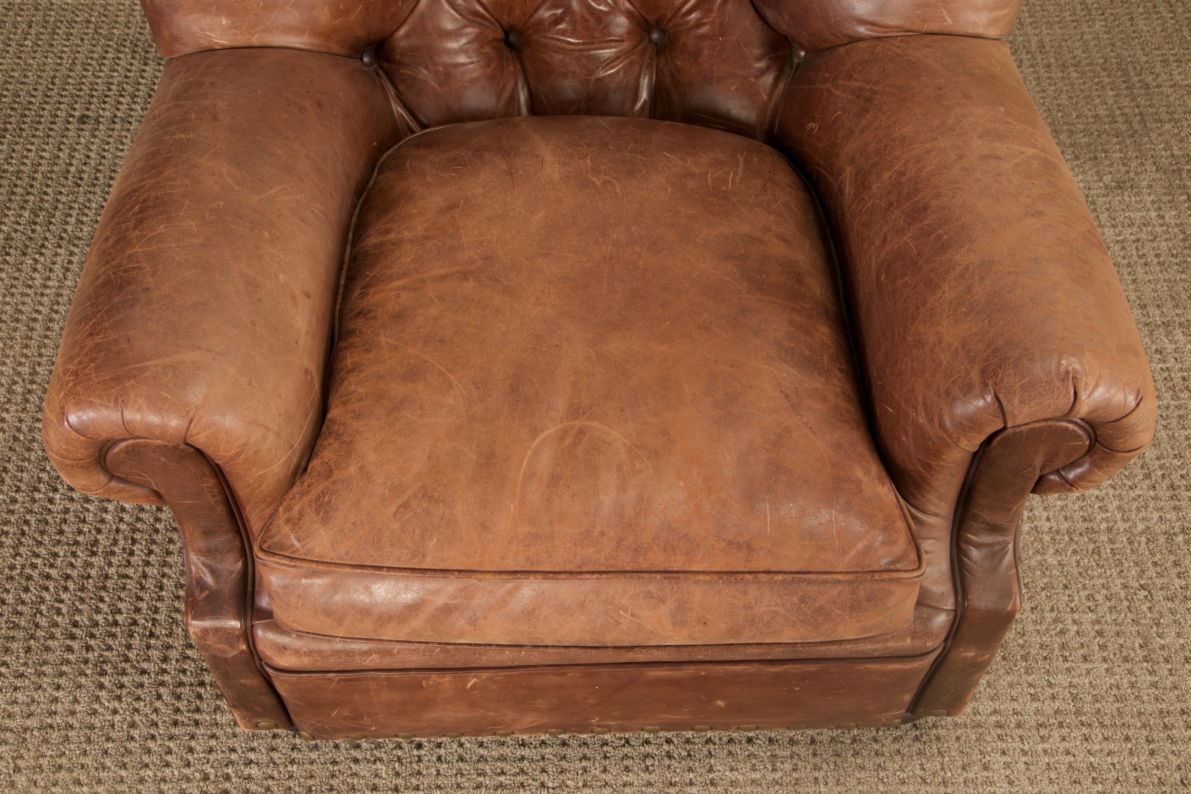 American Henredon for Ralph Lauren Thick Leather Wingback Writer's Club Chair, Signed For Sale