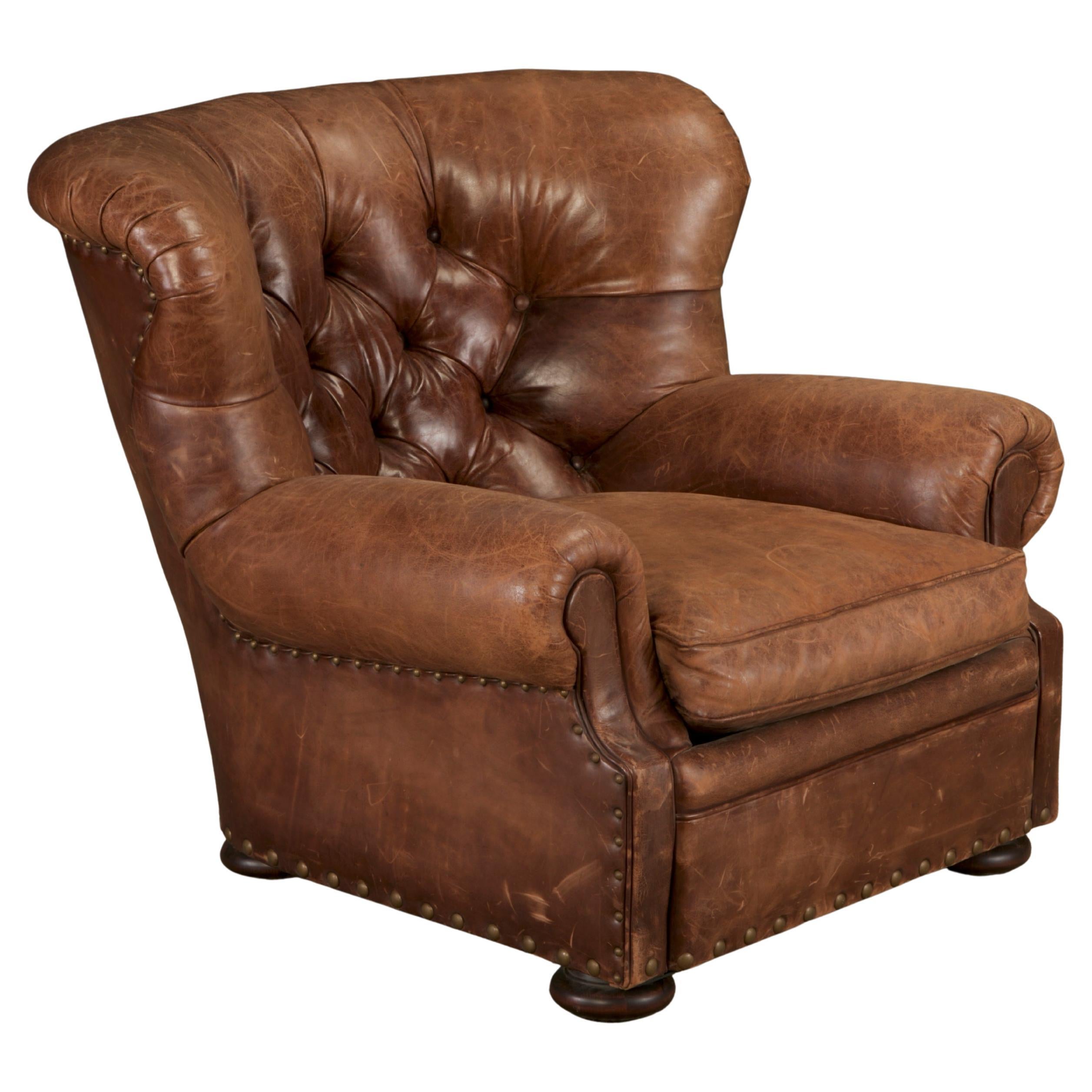 Henredon for Ralph Lauren Thick Leather Wingback Writer's Club Chair, Signed For Sale
