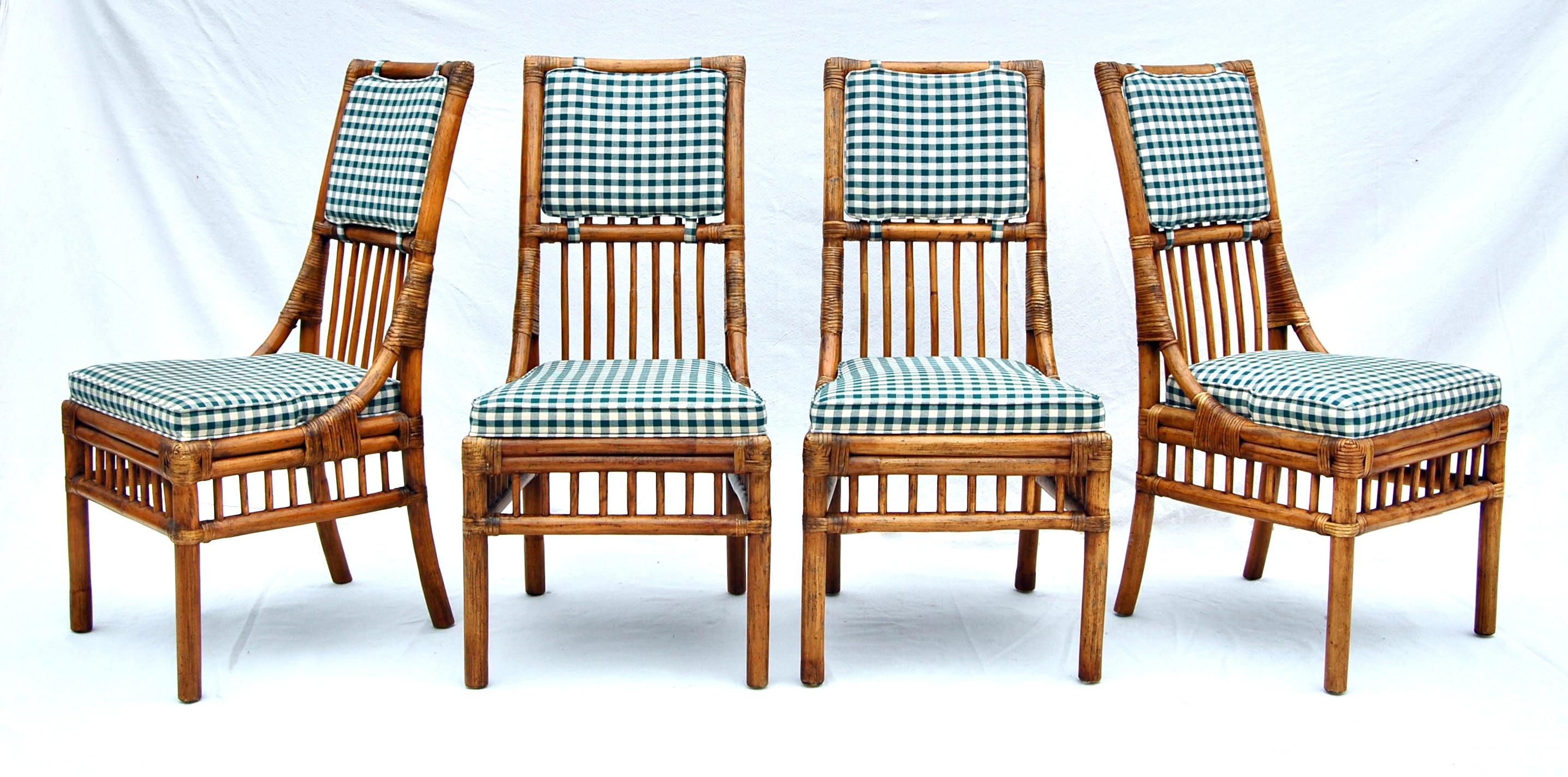 Scarcely seen set of Henredon French bistro style solid wood & rattan dining chairs in Forest green / white check & Mohair Upholstery. Two captain and four arm chairs complete the set of six. Among many features we love the elongated Gazelle styling