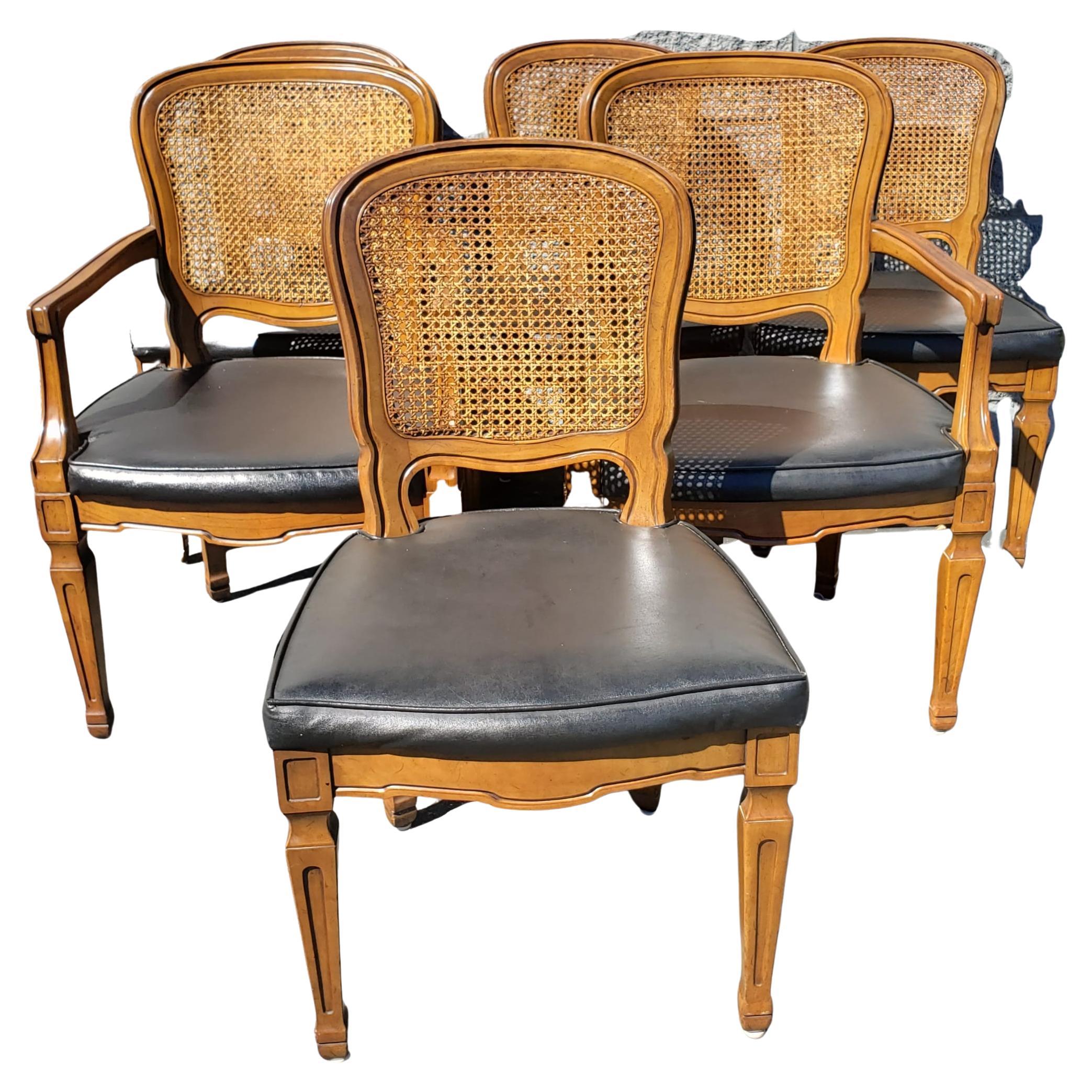 20th Century Henredon French Country Cane Back w/ Leatherette Seats Dining Chairs, C 1960s
