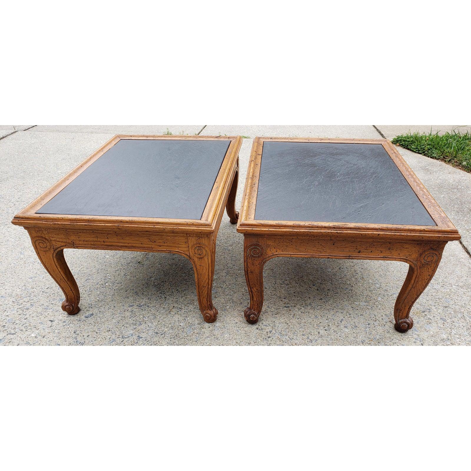 20th Century Henredon French Country Oak and Slate End Tables, a Pair For Sale