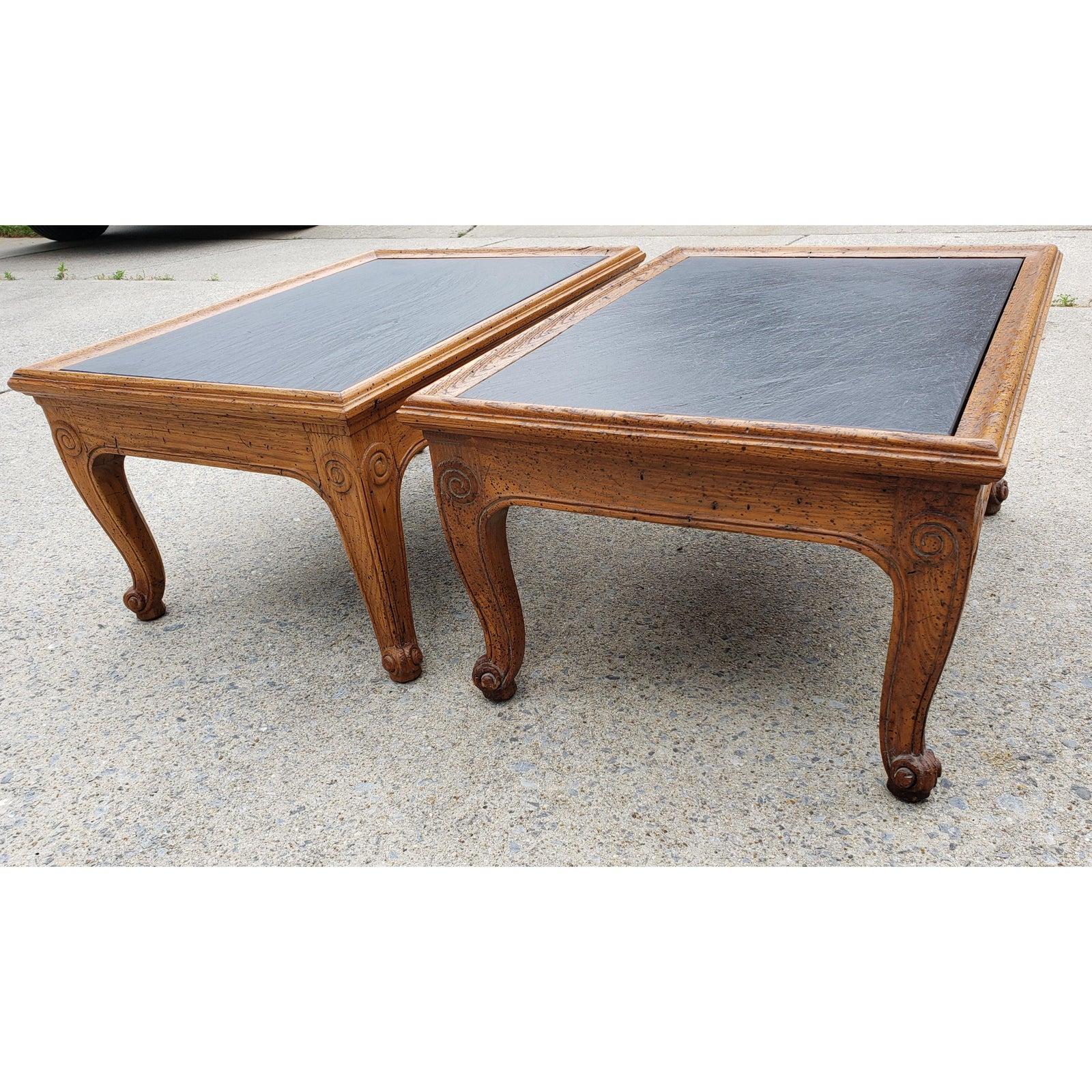 French Provincial Henredon French Country Oak and Slate End Tables, a Pair For Sale