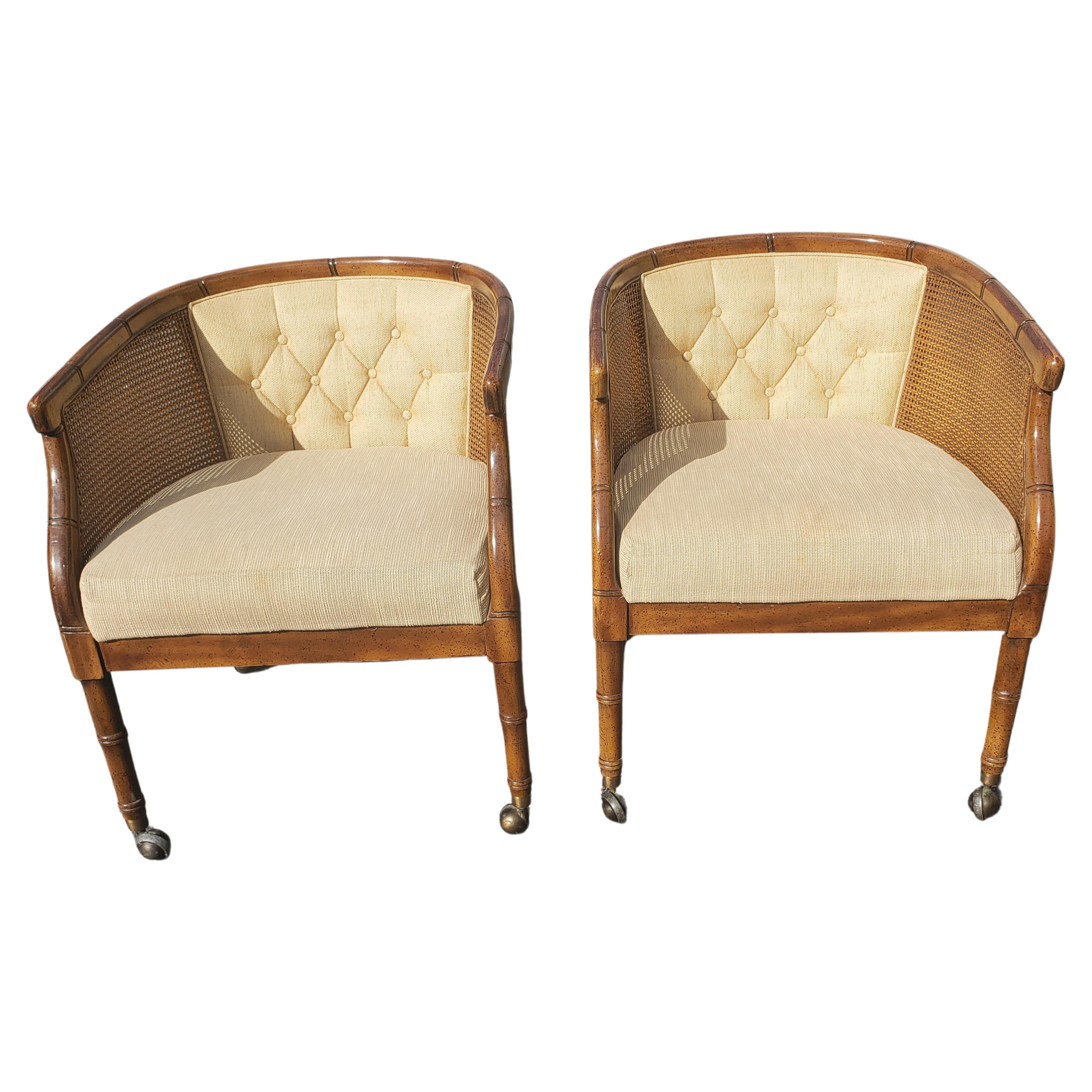 20th Century Henredon French Country Walnut Faux Cane Bamboo Upholstered Club Accent Chairs