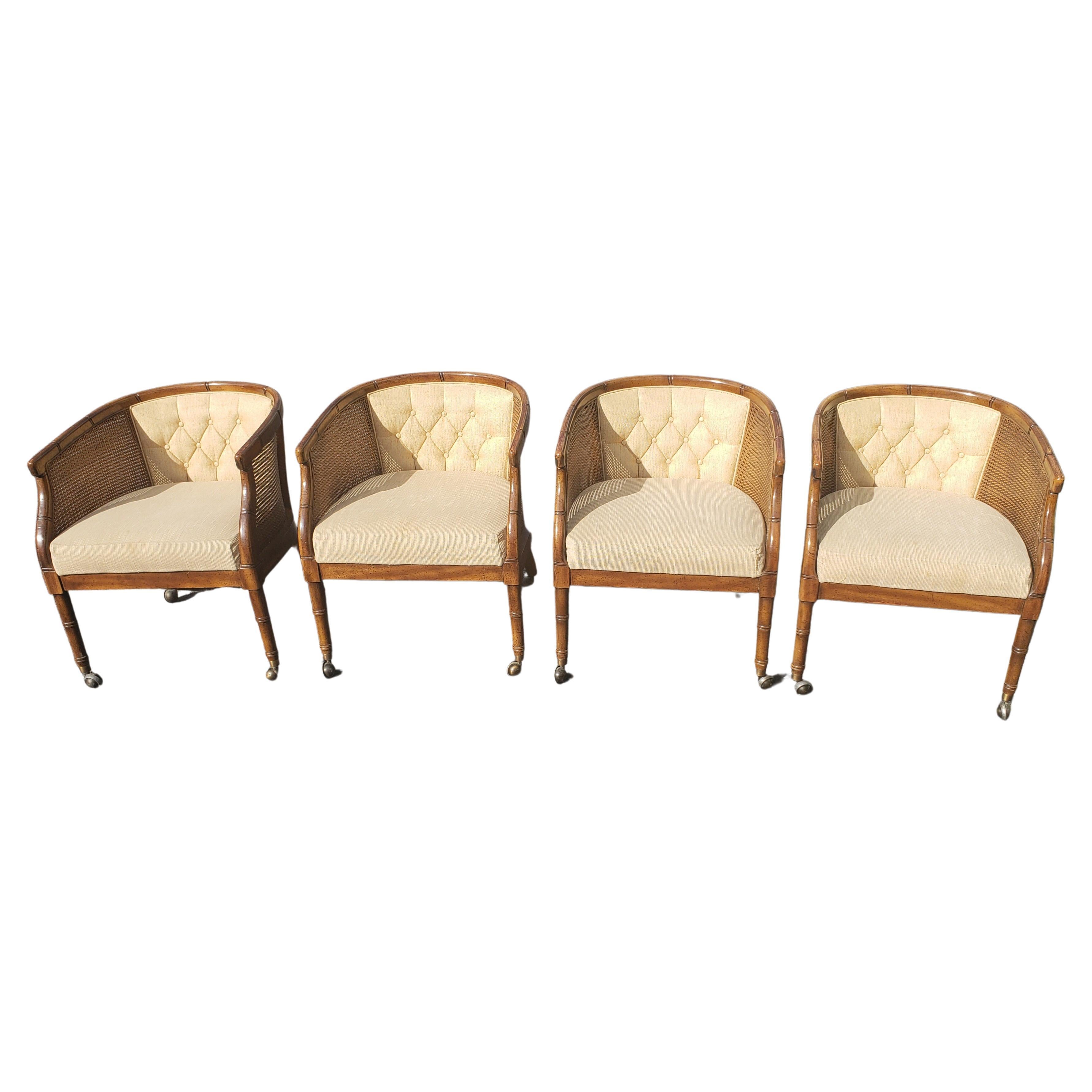 Upholstery Henredon French Country Walnut Faux Cane Bamboo Upholstered Club Accent Chairs