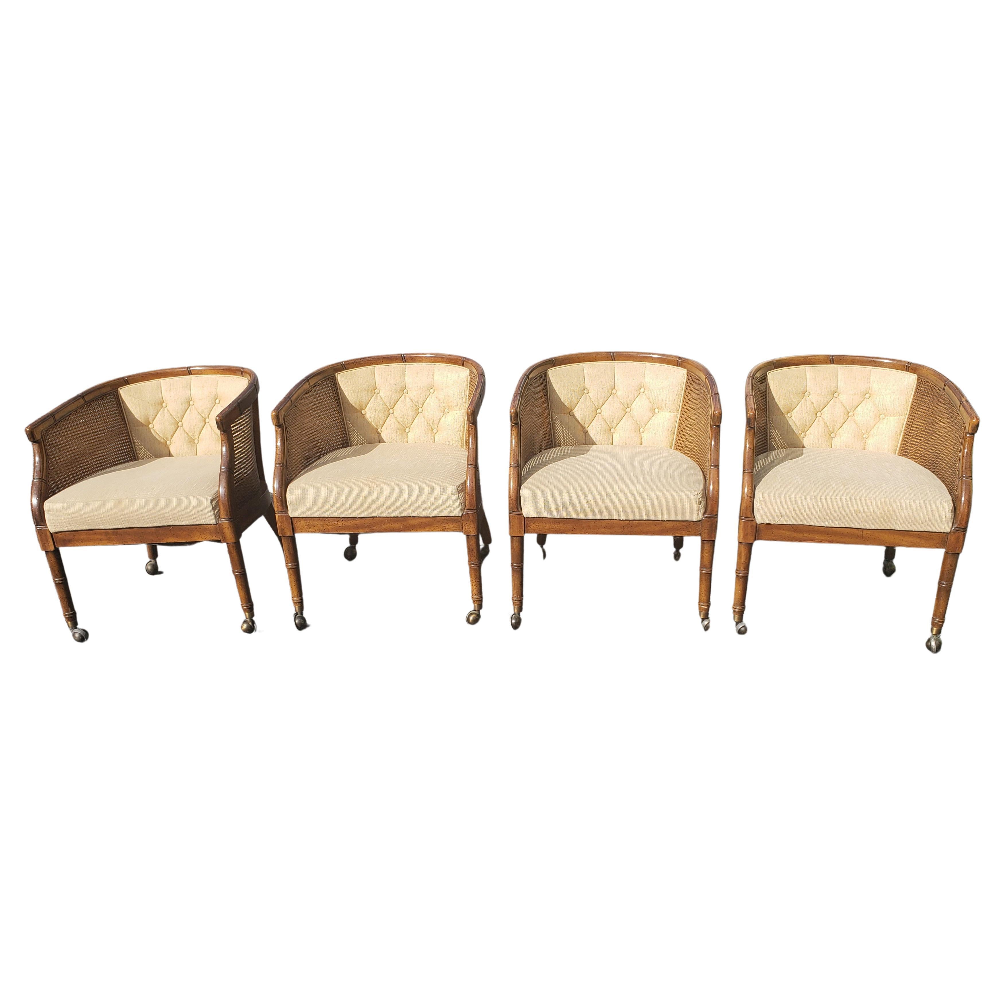 Henredon French Country Walnut Faux Cane Bamboo Upholstered Club Accent Chairs 1