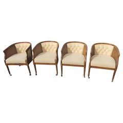 Henredon French Country Walnut Faux Cane Bamboo Upholstered Club Accent Chairs