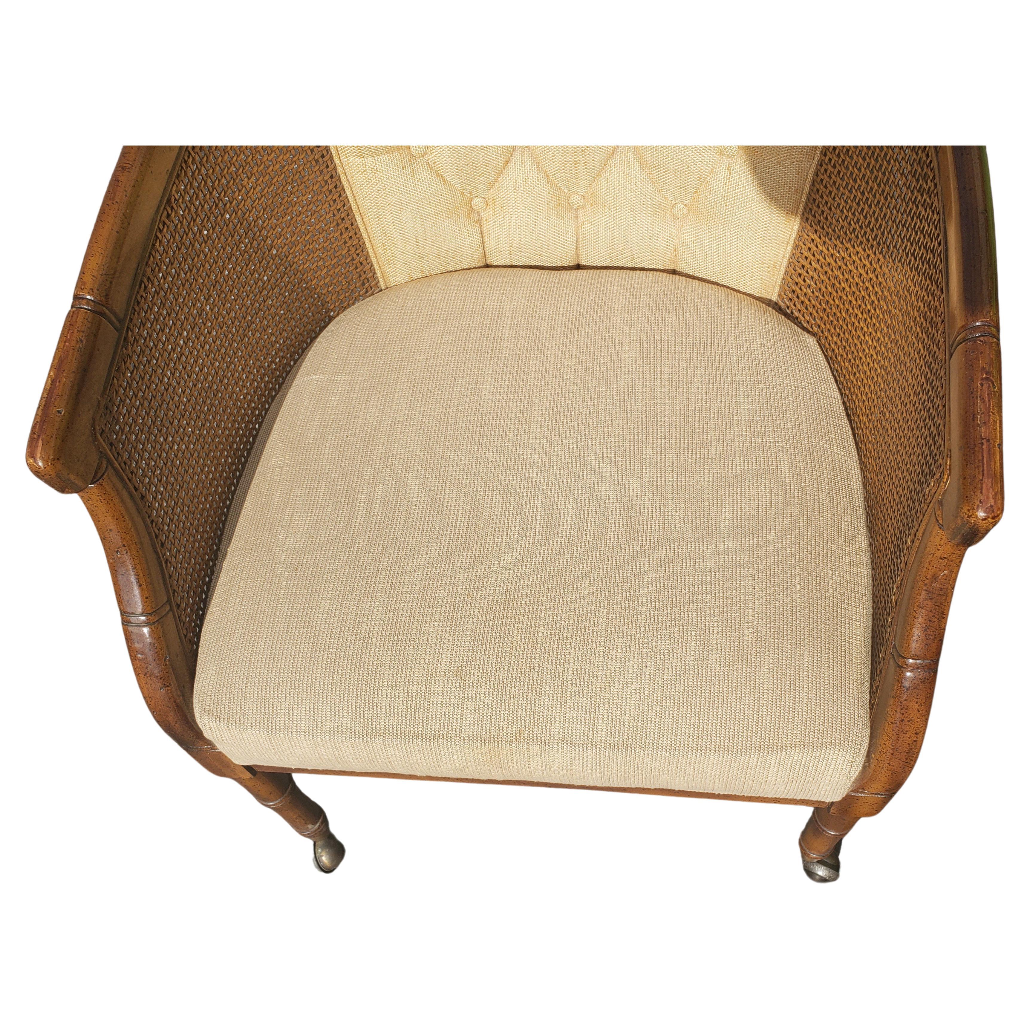 American Henredon French Country Walnut Faux Cane Bamboo Upholstered Club Accent Chairs