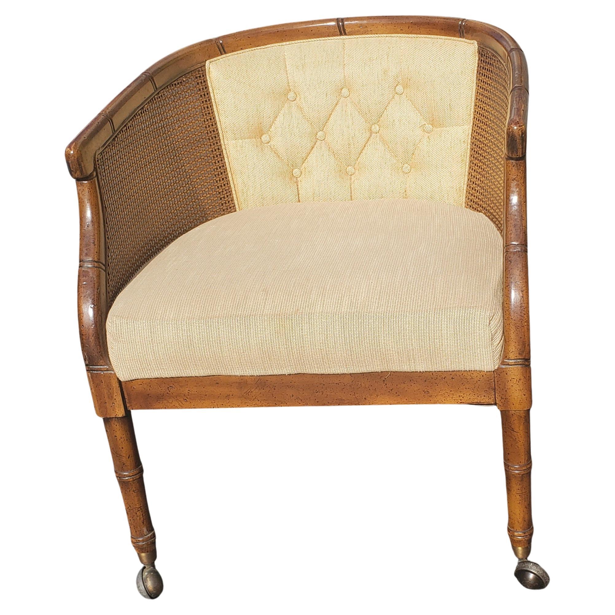 Caning Henredon French Country Walnut Faux Cane Bamboo Upholstered Club Accent Chairs