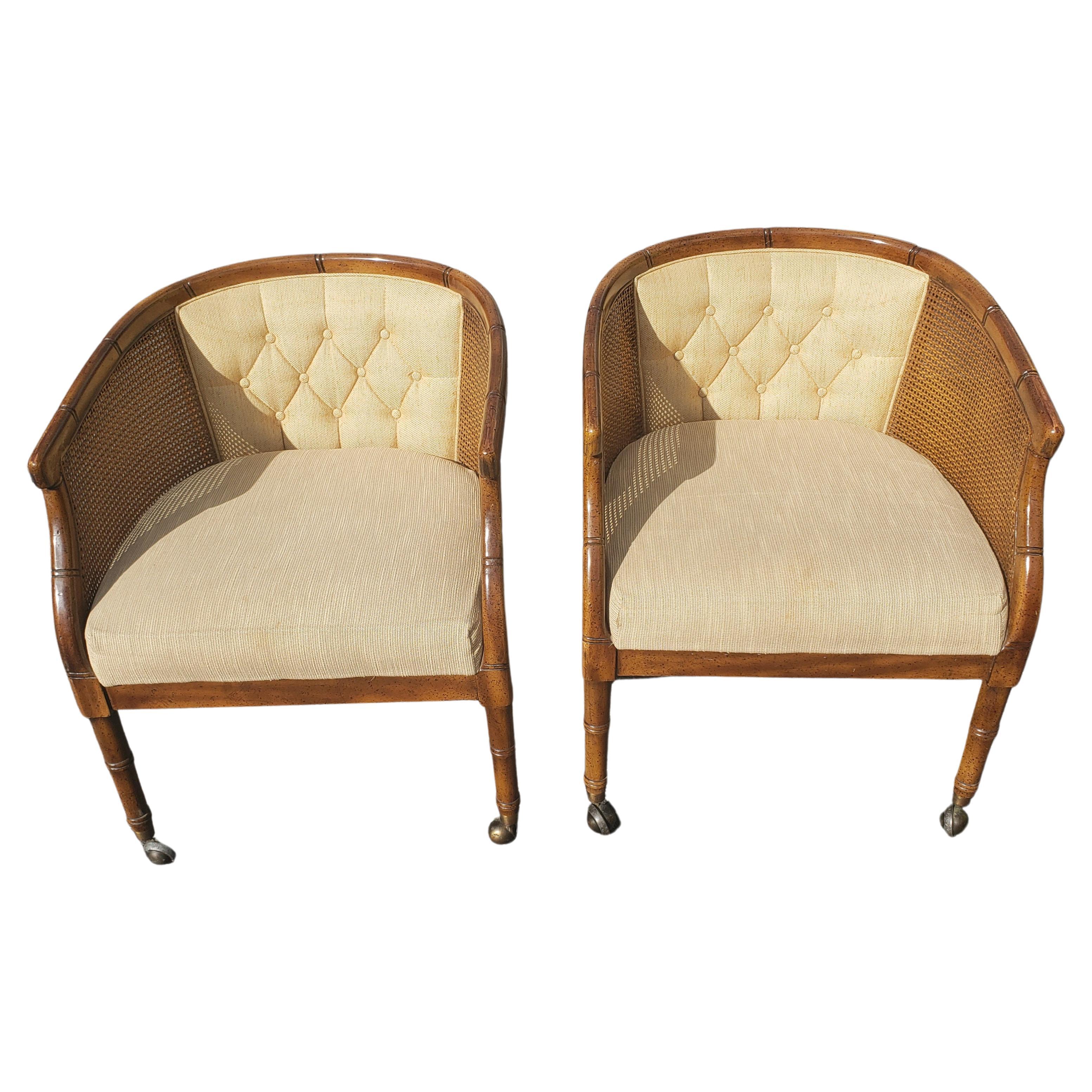 Henredon French Country Walnut Faux Cane Bamboo Upholstered Club Accent Chairs In Good Condition In Germantown, MD
